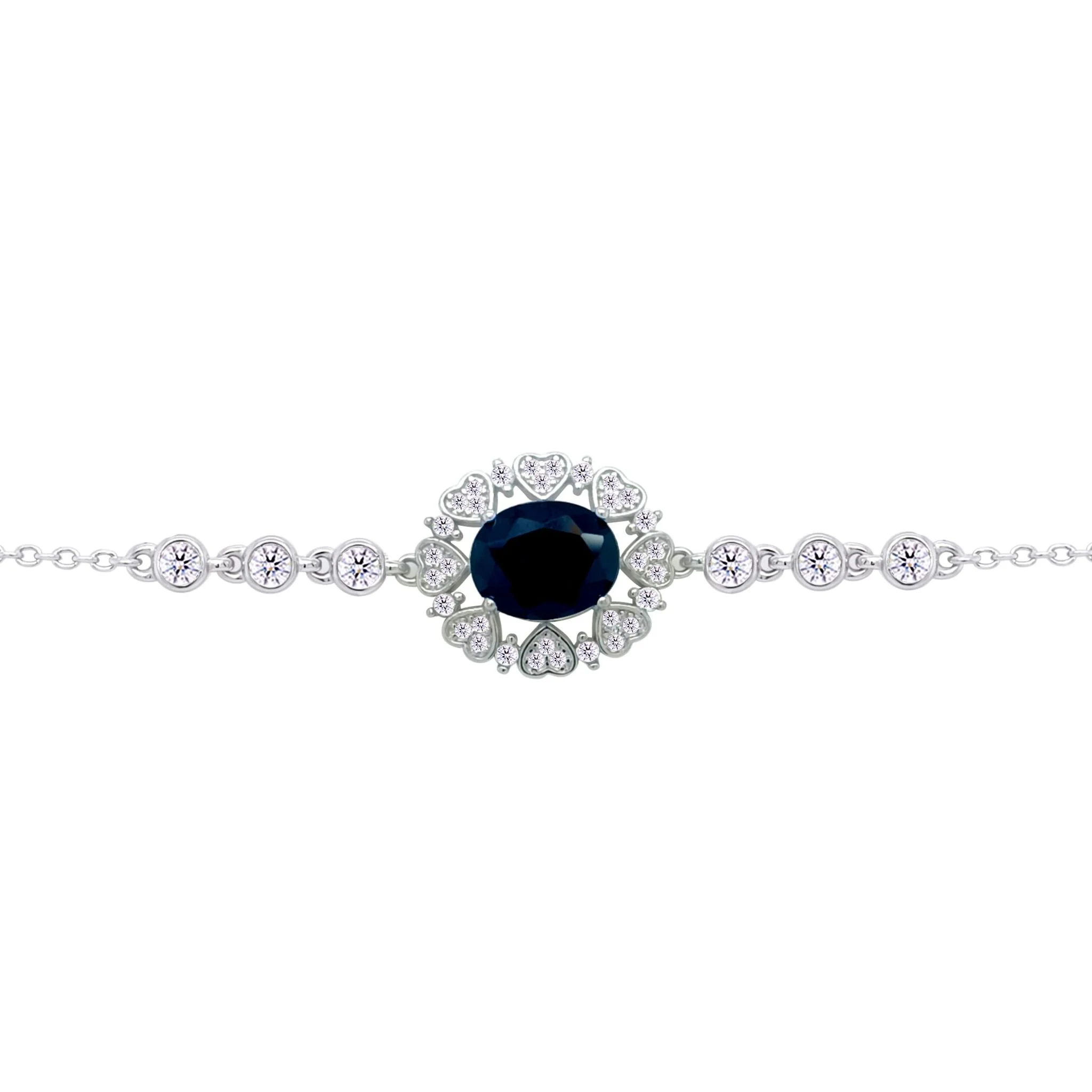 Asfour Crysta lChain Bracelet With Black Oval Design Inlaid With Hearts In 925 Sterling Silver-BD0217-WP