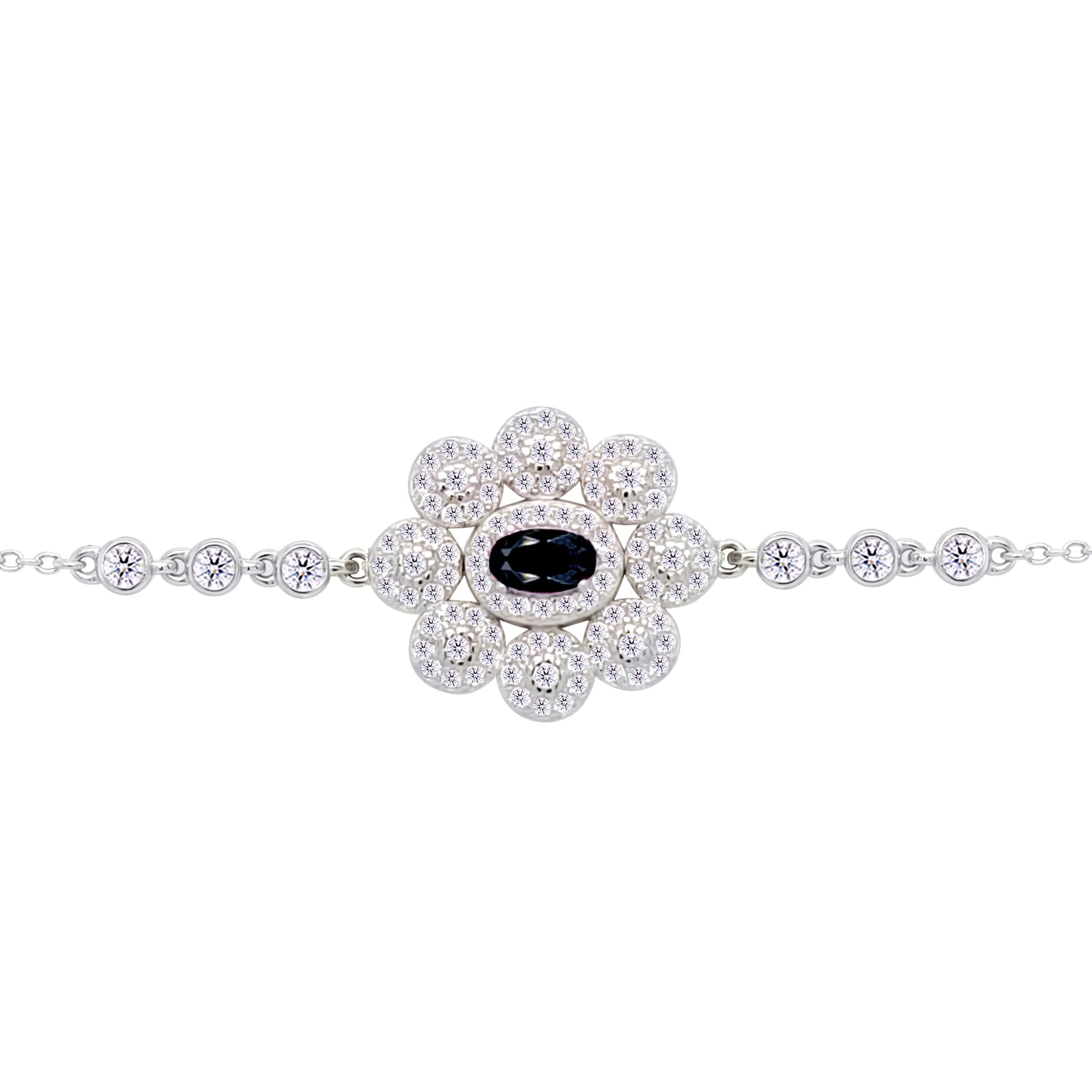 Asfour Crysta lChain Bracelet With Decorative Black Flower Design In 925 Sterling Silver-BD0218-WP