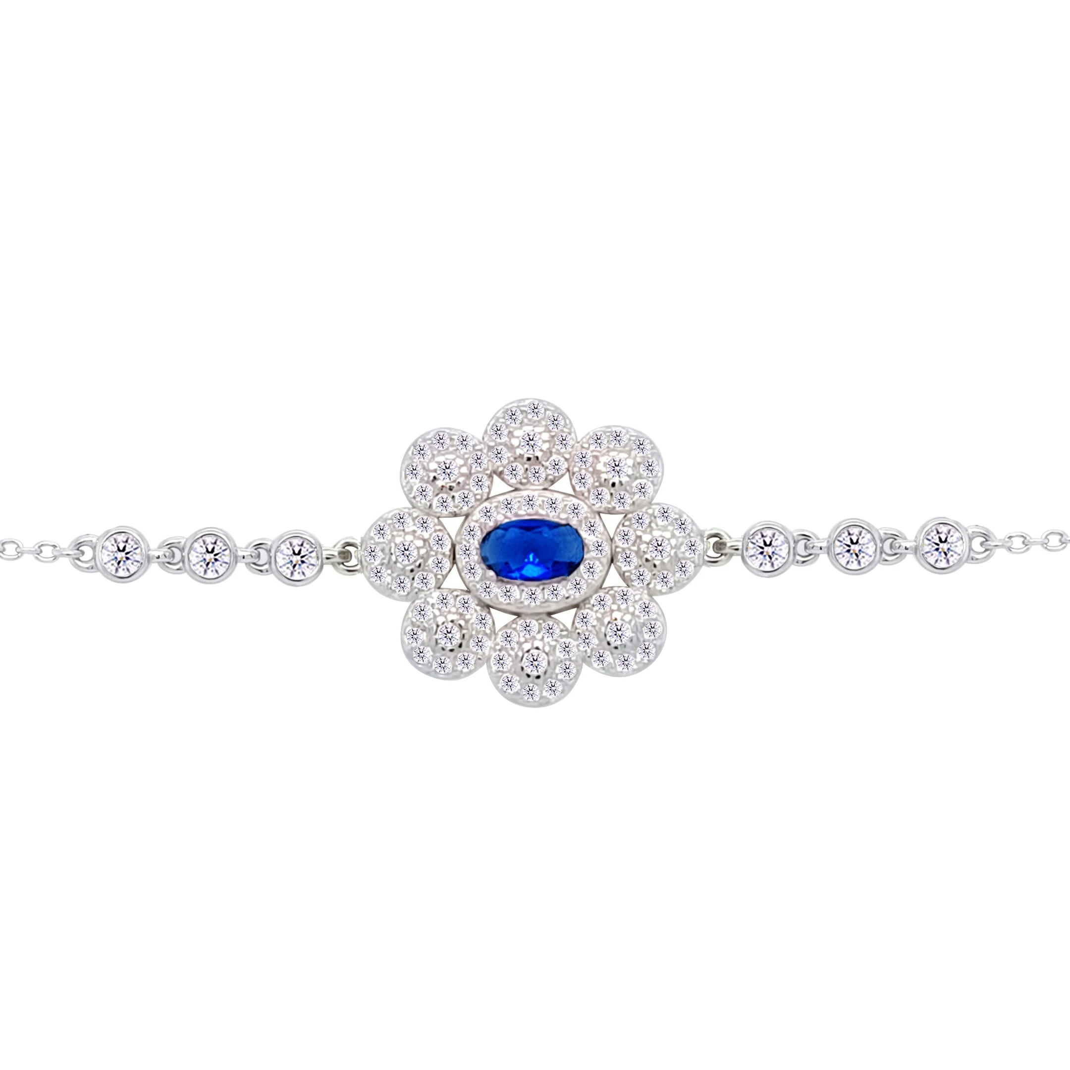 Asfour Crysta lChain Bracelet With Decorative Blue Flower Design In 925 Sterling Silver-BD0218-WB
