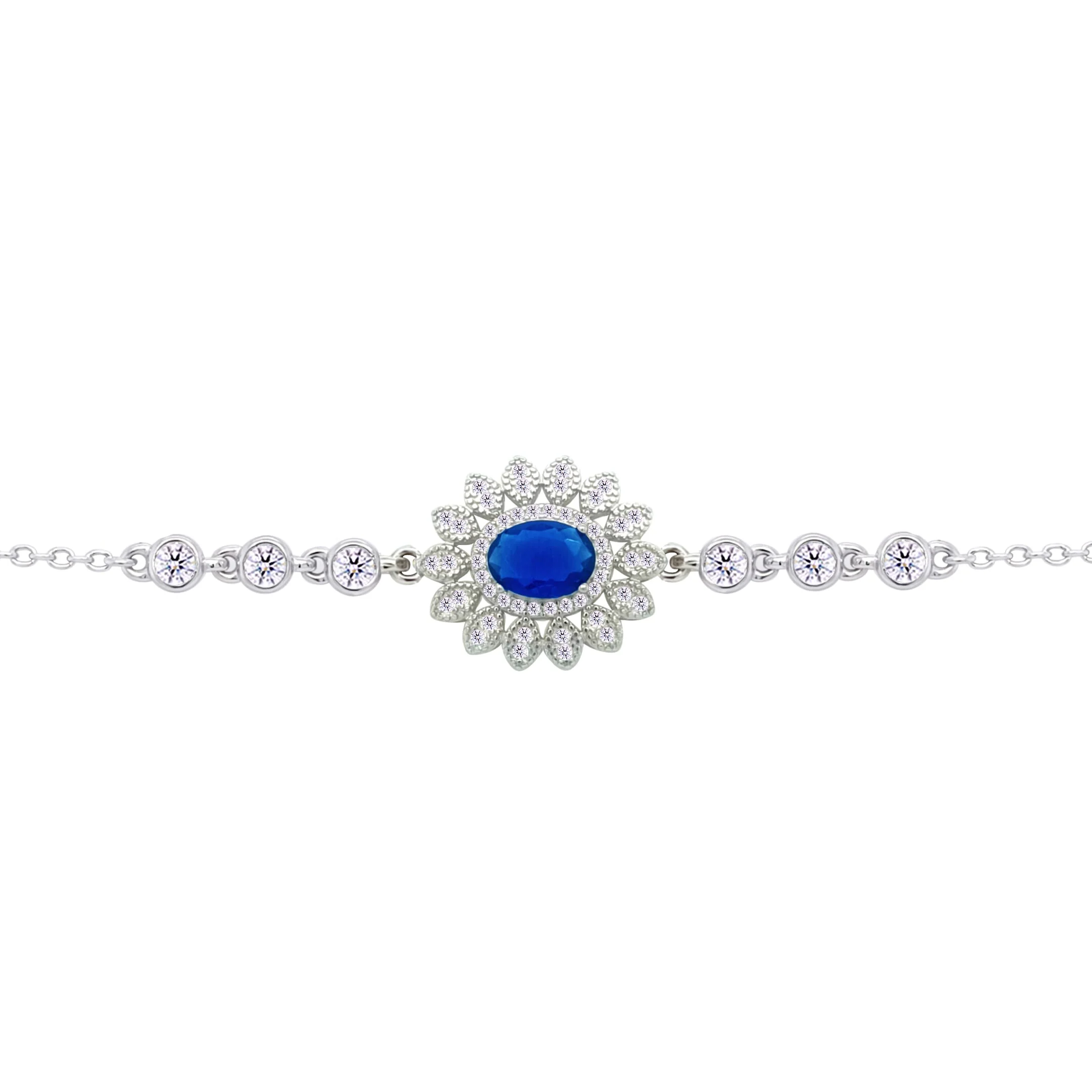 Asfour Crysta lChain Bracelet With Decorative Blue Oval Zircon In 925 Sterling Silver-BD0216-WB