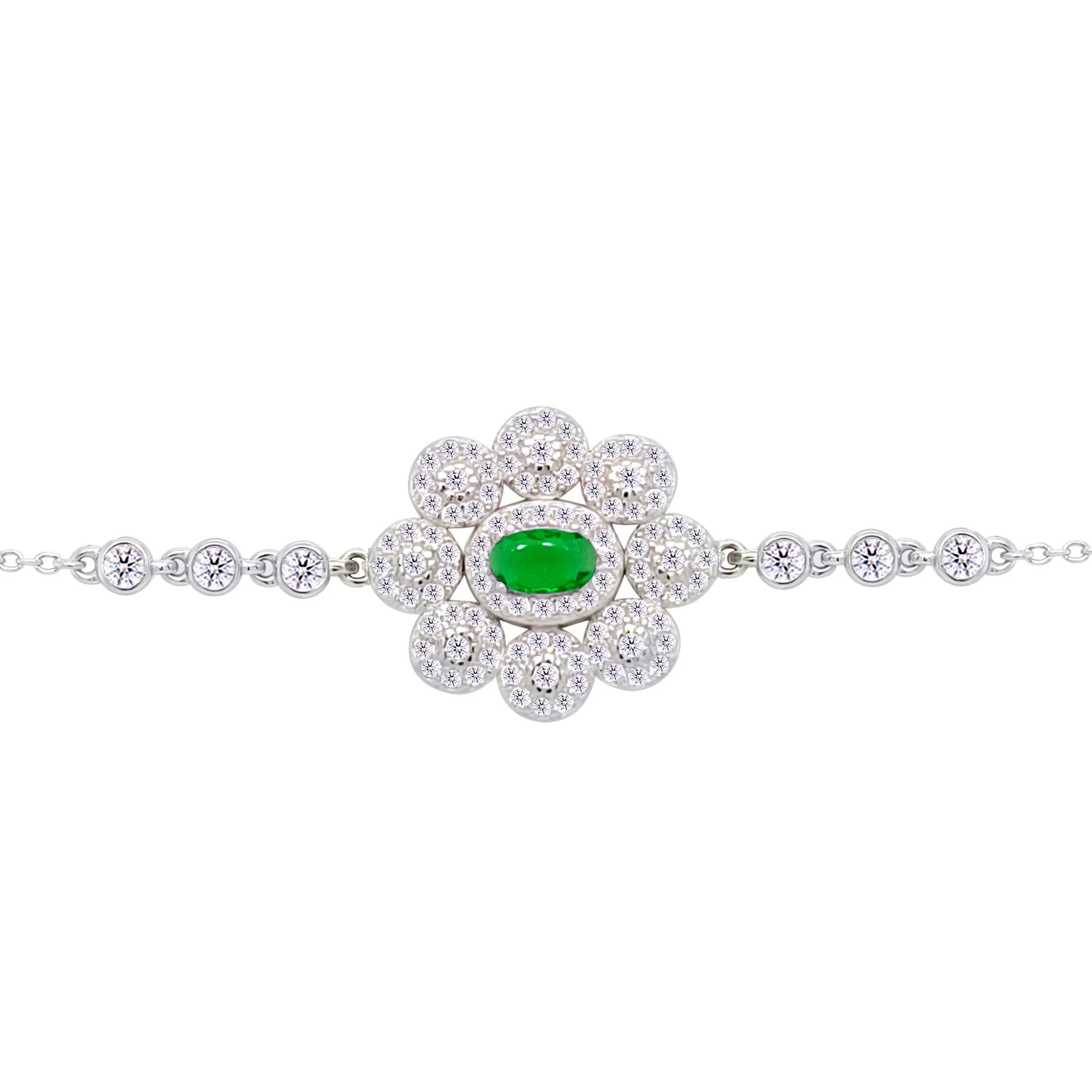 Asfour Crysta lChain Bracelet With Decorative Emerald Zircon Flower Design In 925 Sterling Silver-BD0218-WG