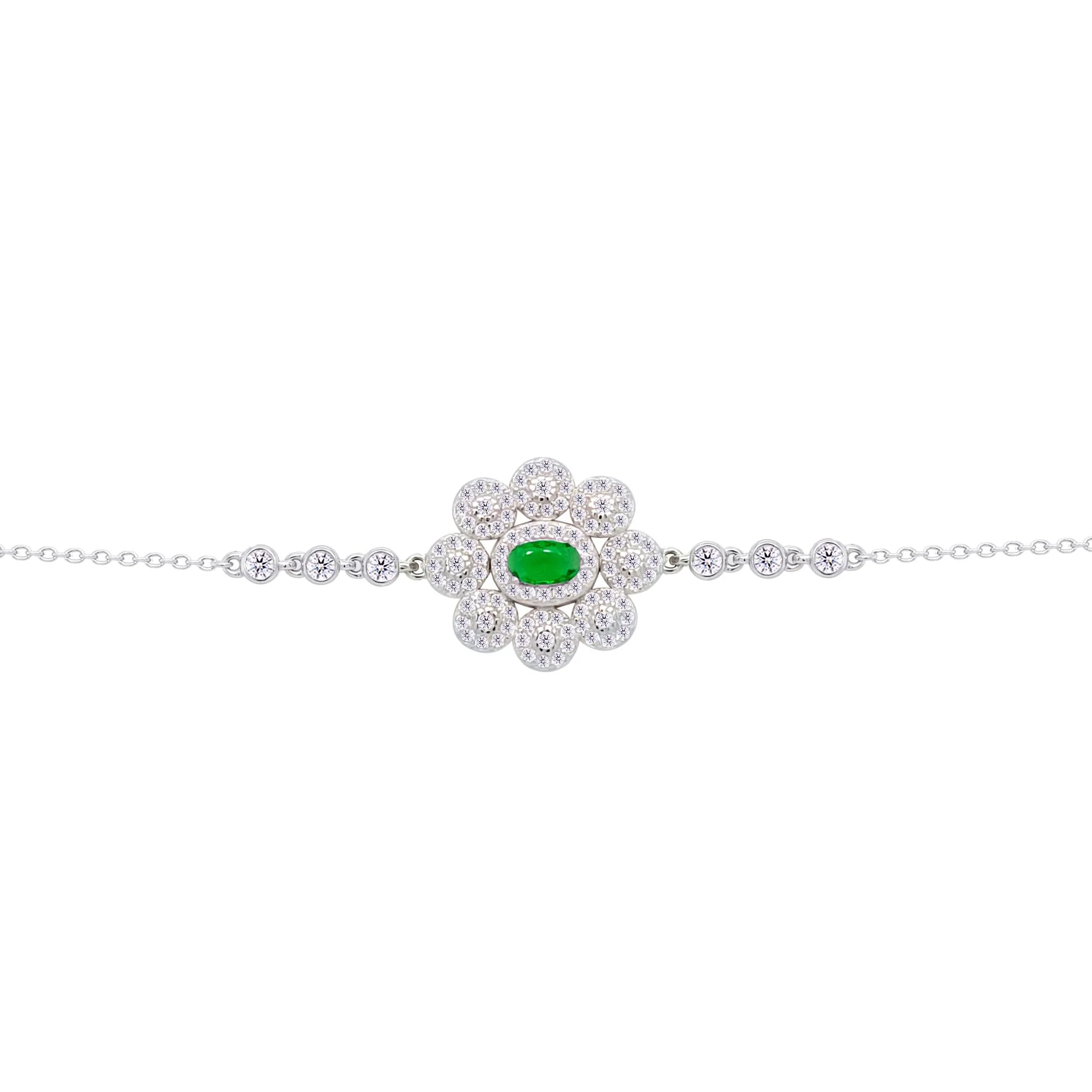 Asfour Crysta lChain Bracelet With Decorative Emerald Zircon Flower Design In 925 Sterling Silver-BD0218-WG - Image 2