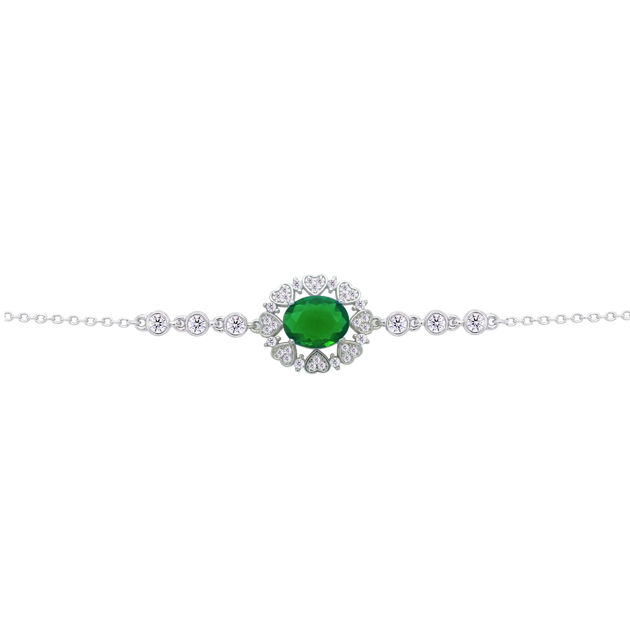 Asfour Crysta lChain Bracelet With Emerald Oval Design Inlaid With Hearts In 925 Sterling Silver-BD0217-WG - Image 2