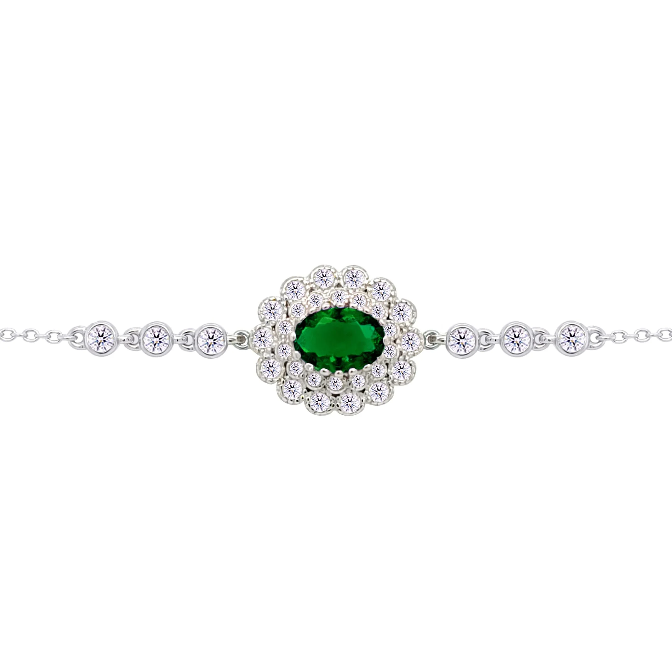 Asfour Crysta lChain Bracelet With Emerald Zircon Oval Design In 925 Sterling Silver-BD0220-WG