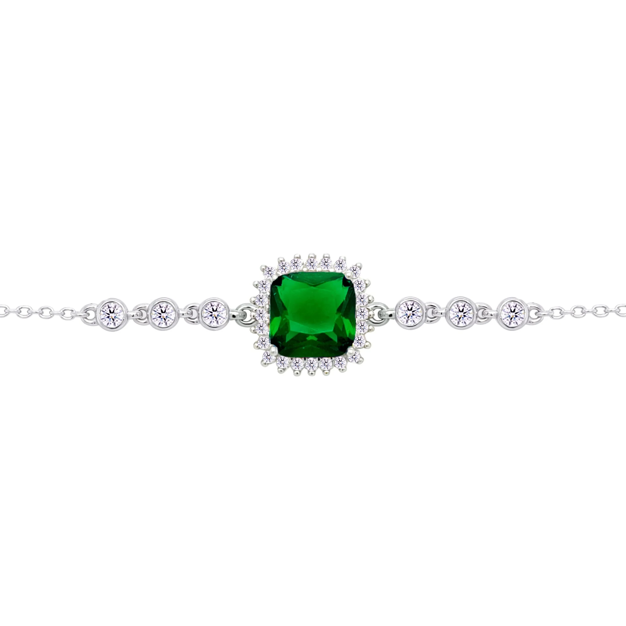 Asfour Crysta lChain Bracelet with Halo Emerald Zircon Square Design In 925 Sterling Silver-BD0231-WG