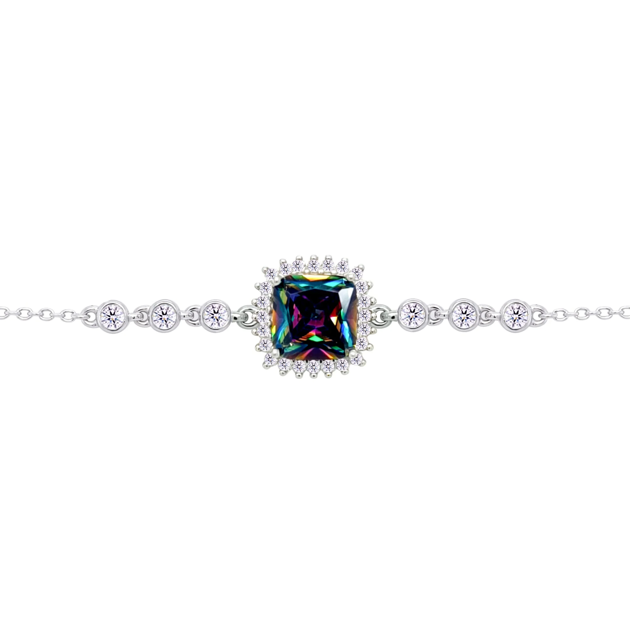 Asfour Crysta lChain Bracelet with Halo Multi Color Square Design In 925 Sterling Silver-BD0231-WAP