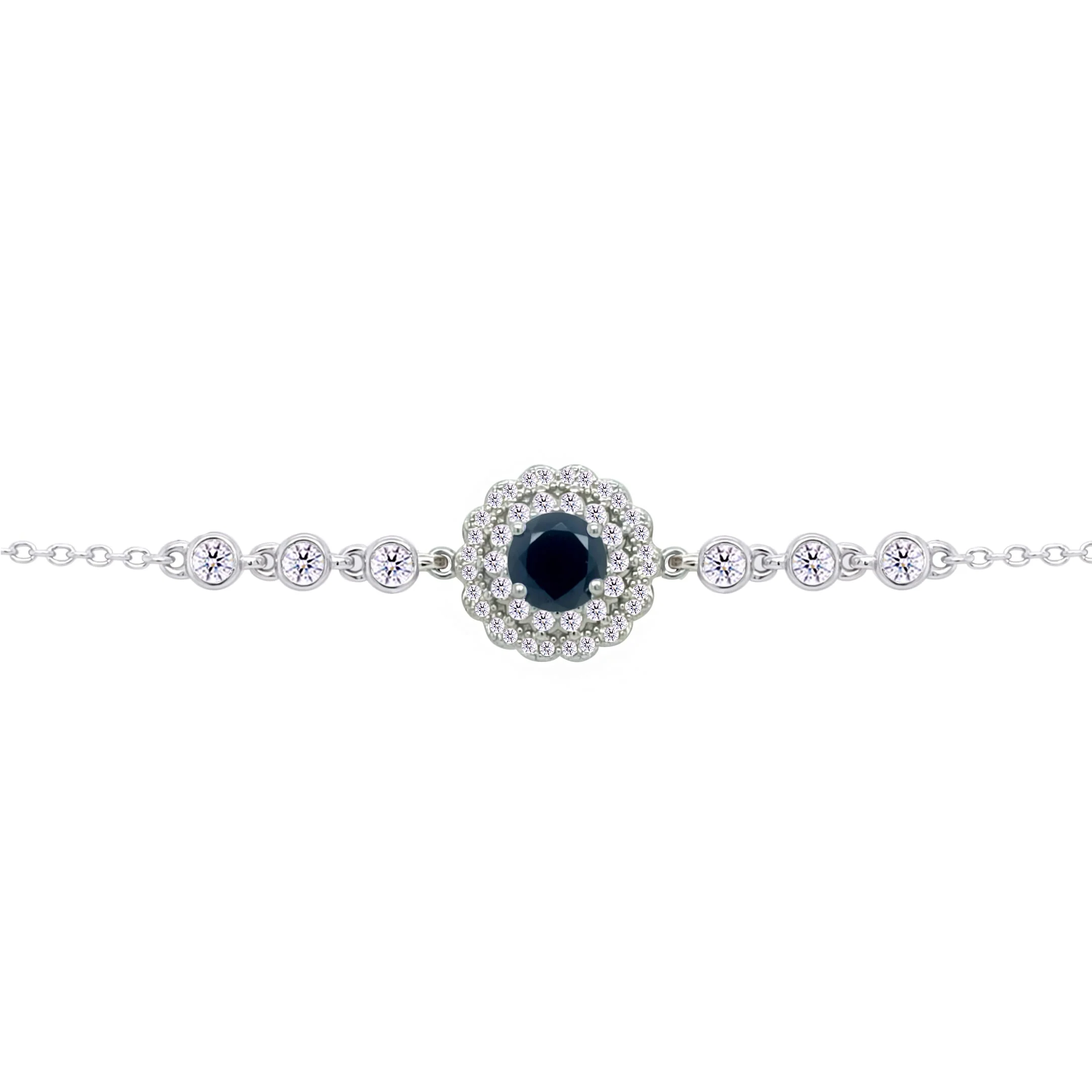 Asfour Crysta lChain Bracelet With Round Halo Black Stone In 925 Sterling Silver-BD0212-WP