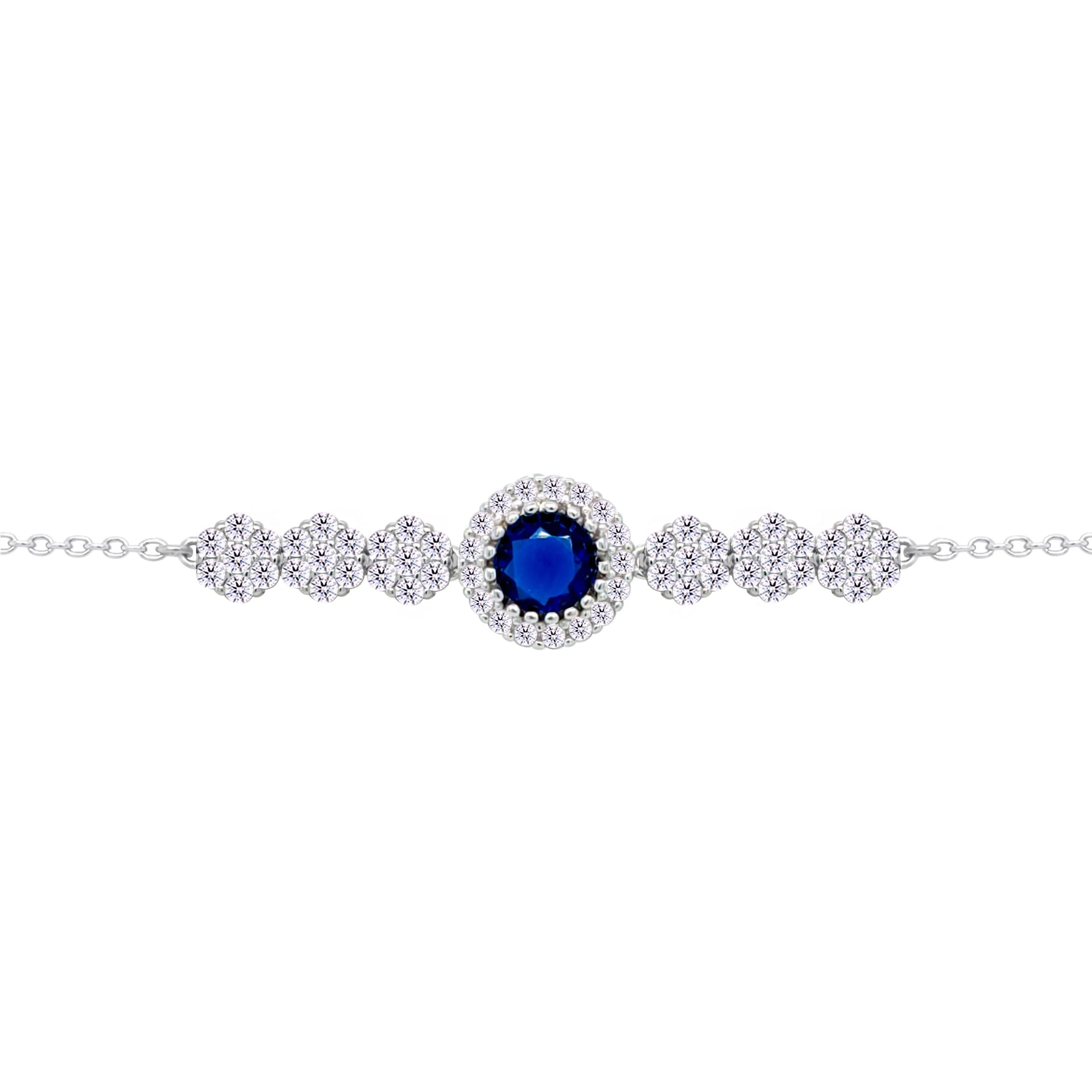 Asfour Crysta lChain Bracelet With Round Halo Blue Stone In 925 Sterling Silver-BD0208-WB