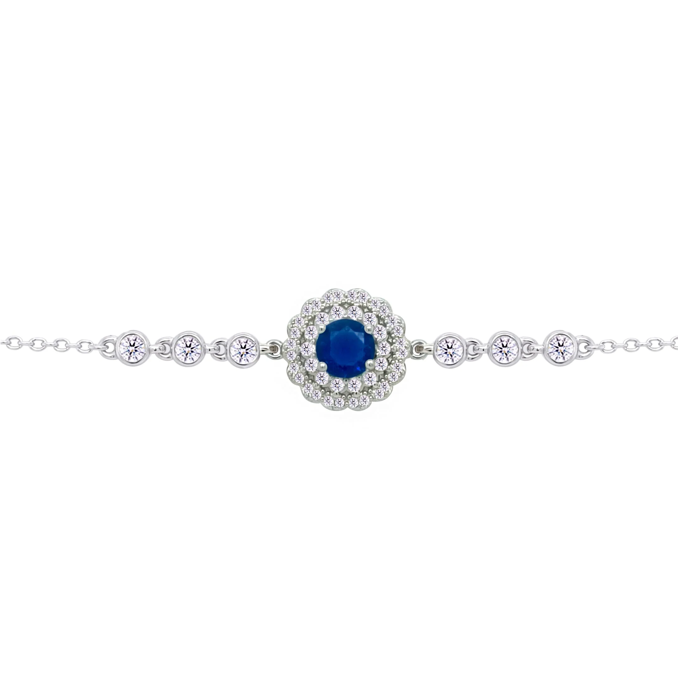 Asfour Crysta lChain Bracelet With Round Halo Blue Stone In 925 Sterling Silver-BD0211-WB