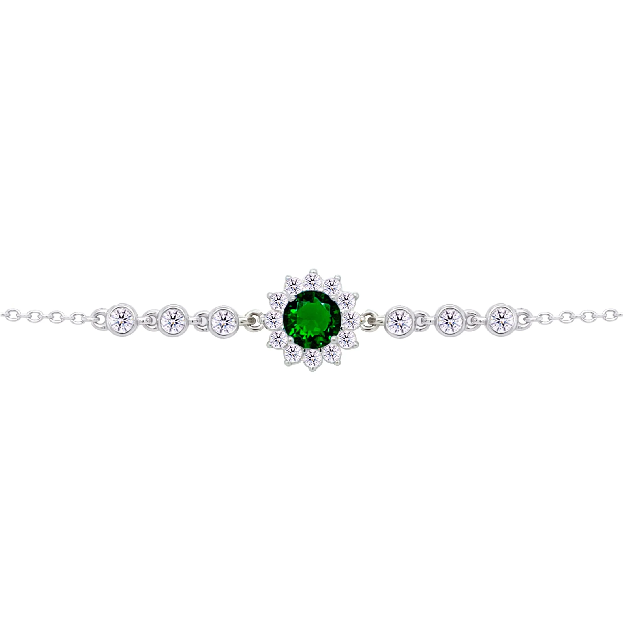 Asfour Crysta lChain Bracelet With Round Halo Emerald Zircon In 925 Sterling Silver-BD0205-WG