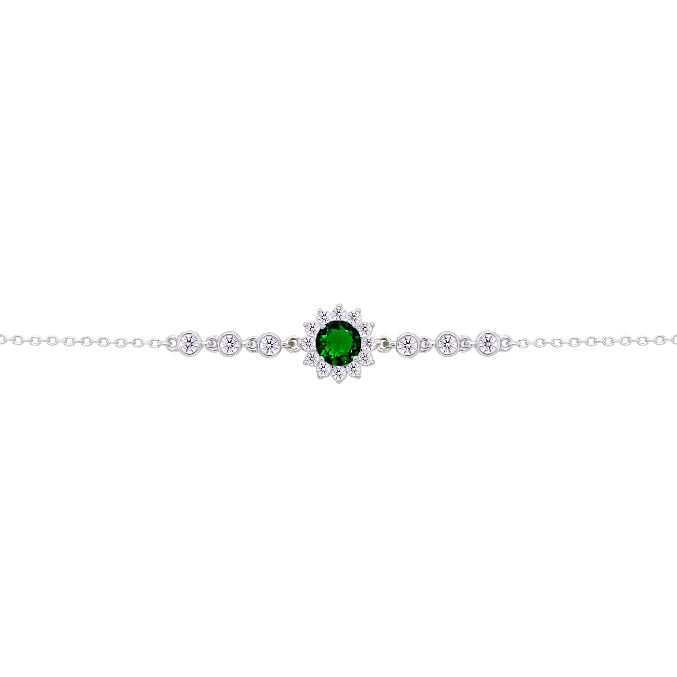 Asfour Crysta lChain Bracelet With Round Halo Emerald Zircon In 925 Sterling Silver-BD0205-WG - Image 2
