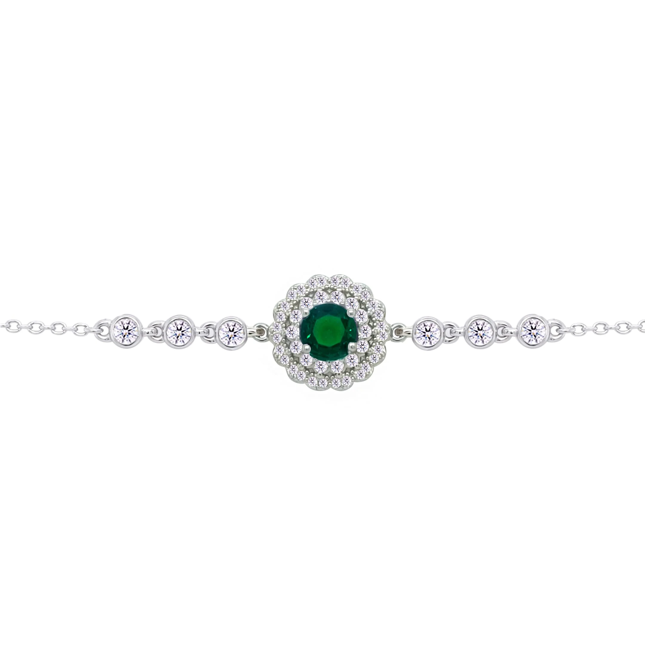 Asfour Crysta lChain Bracelet With Round Halo Emerald Zircon In 925 Sterling Silver-BD0212-WG