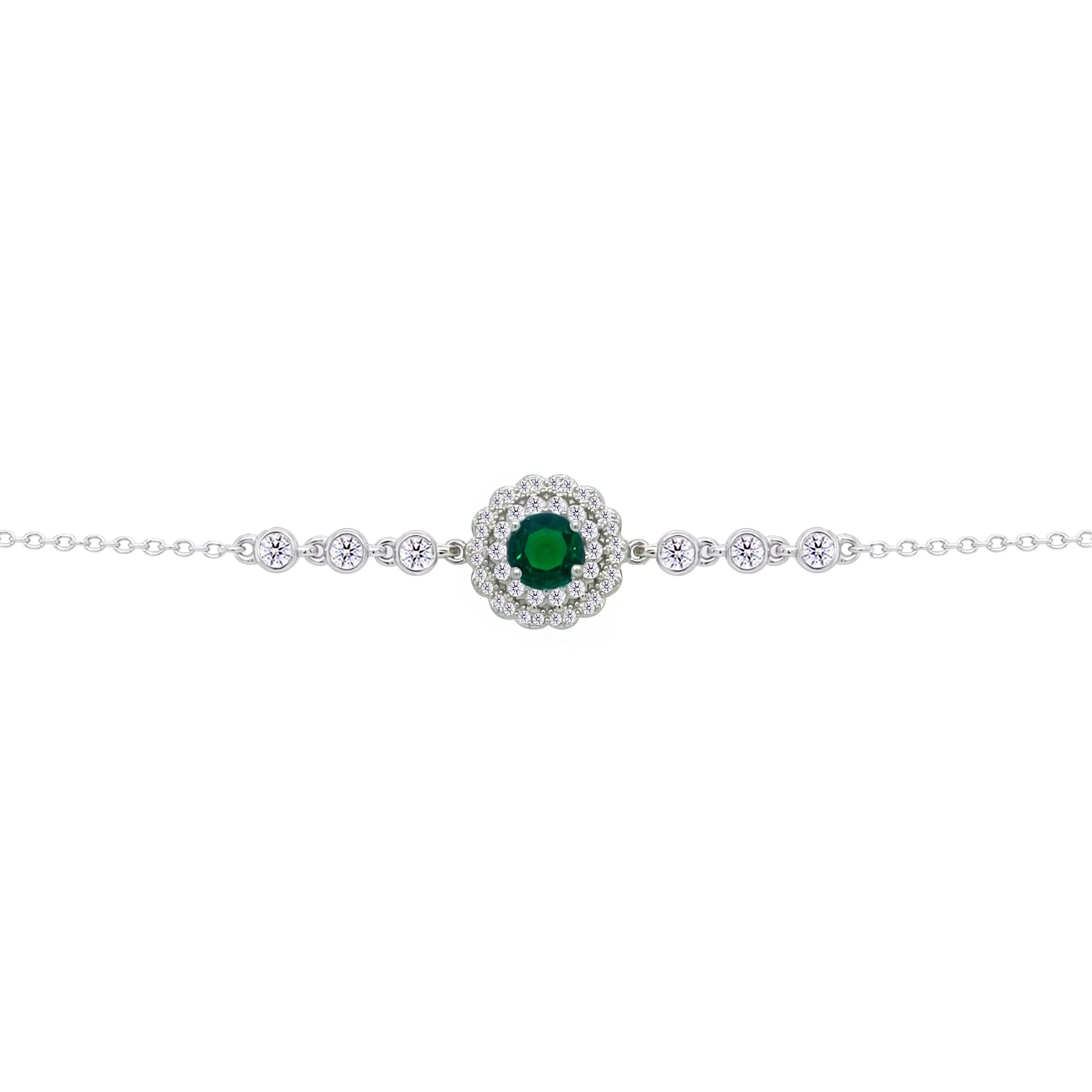Asfour Crysta lChain Bracelet With Round Halo Emerald Zircon In 925 Sterling Silver-BD0212-WG - Image 2