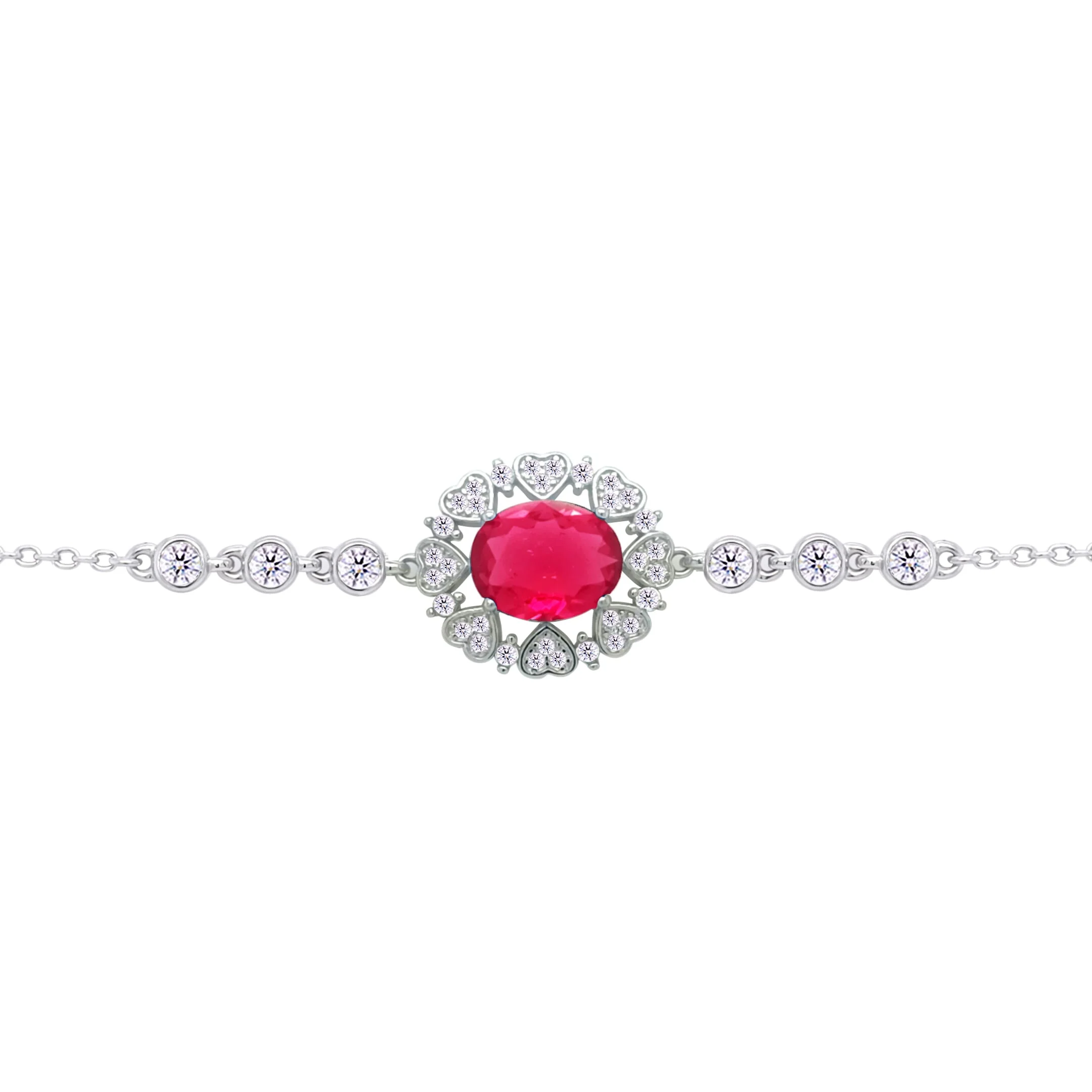 Asfour Crysta lChain Bracelet With Ruby Oval Design Inlaid With Hearts In 925 Sterling Silver-BD0217-WR