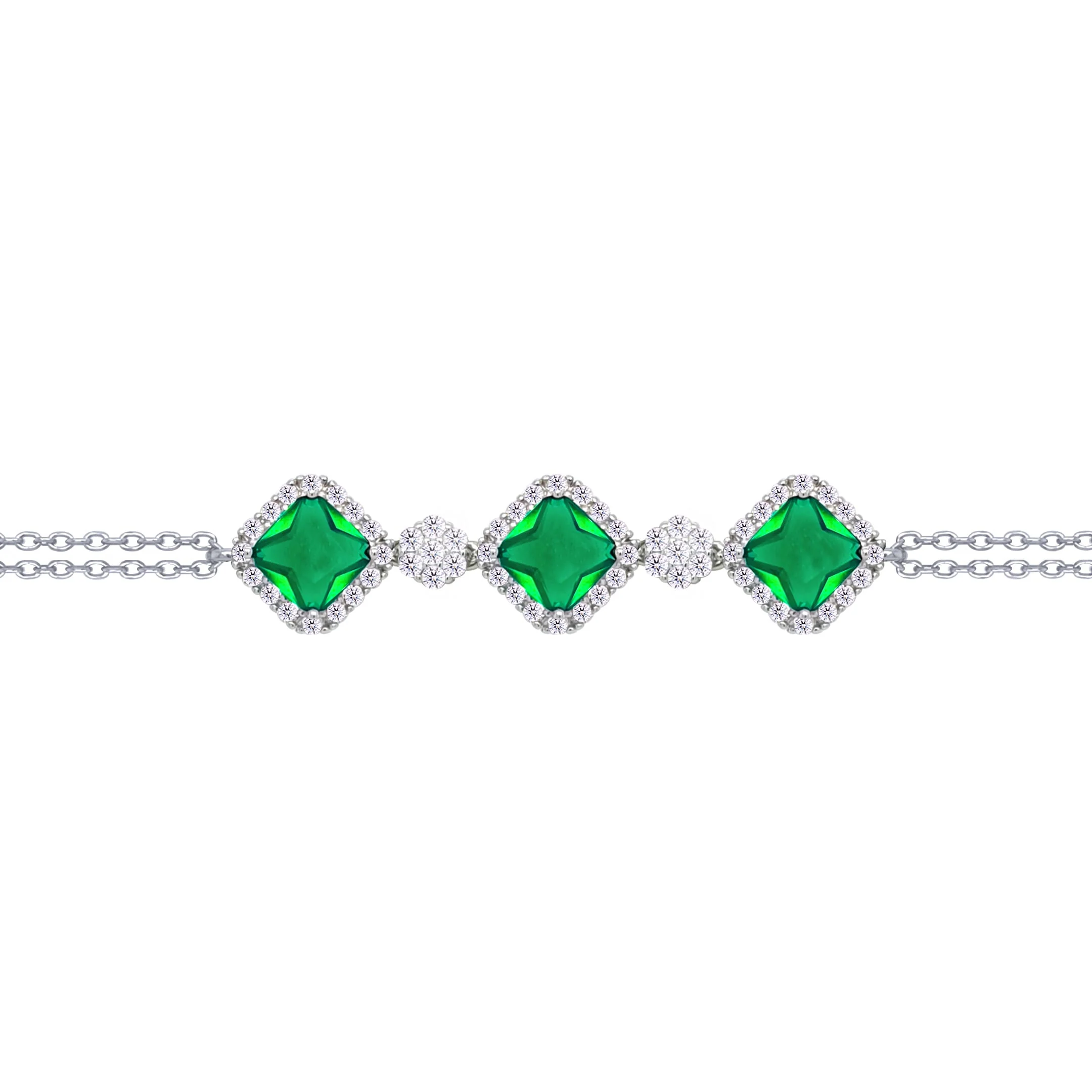 Asfour Crysta lChain Bracelet With Three Emerald Rhombus Zircon In 925 Sterling Silver-BD0227-WG