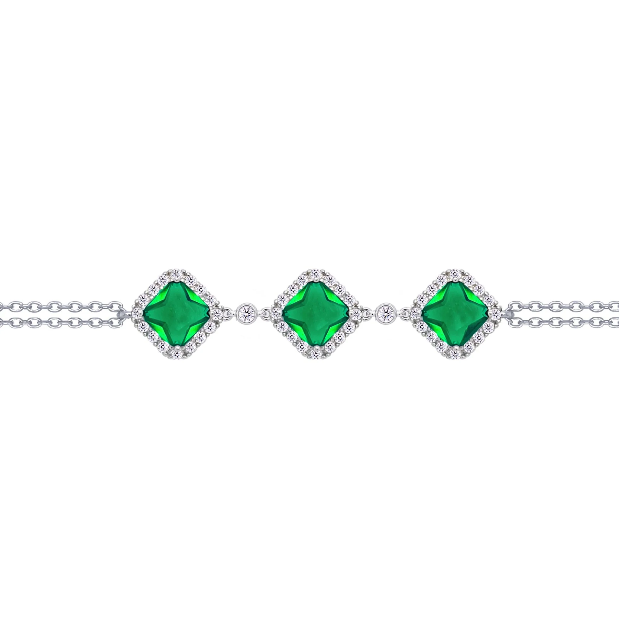 Asfour Crysta lChain Bracelet With Three Emerald Rhombus Zircon In 925 Sterling Silver-BD0228-WG