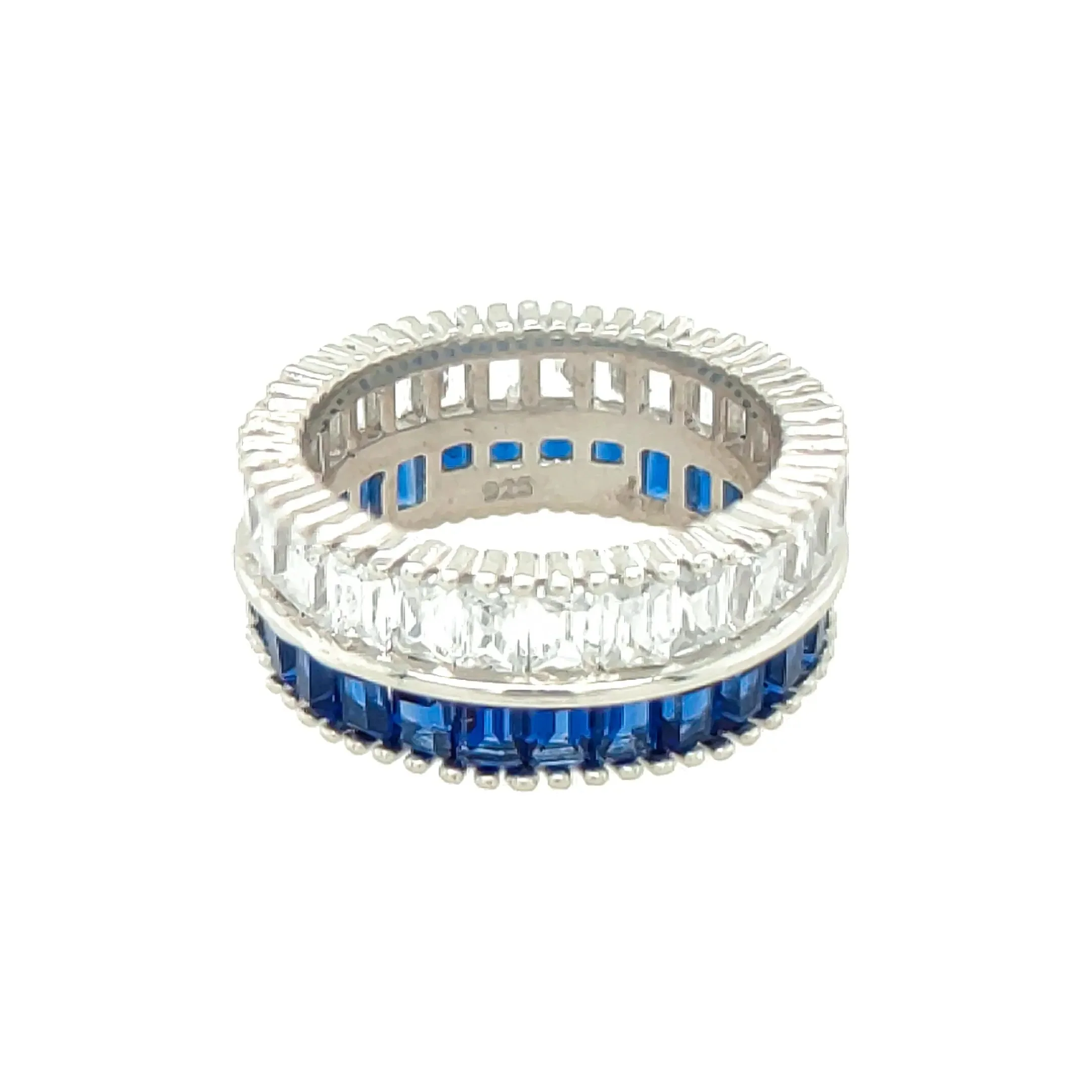 Asfour Crystal 925 Silver With Blue & Clear Crystal Lobes Ring - Silver  Size 8