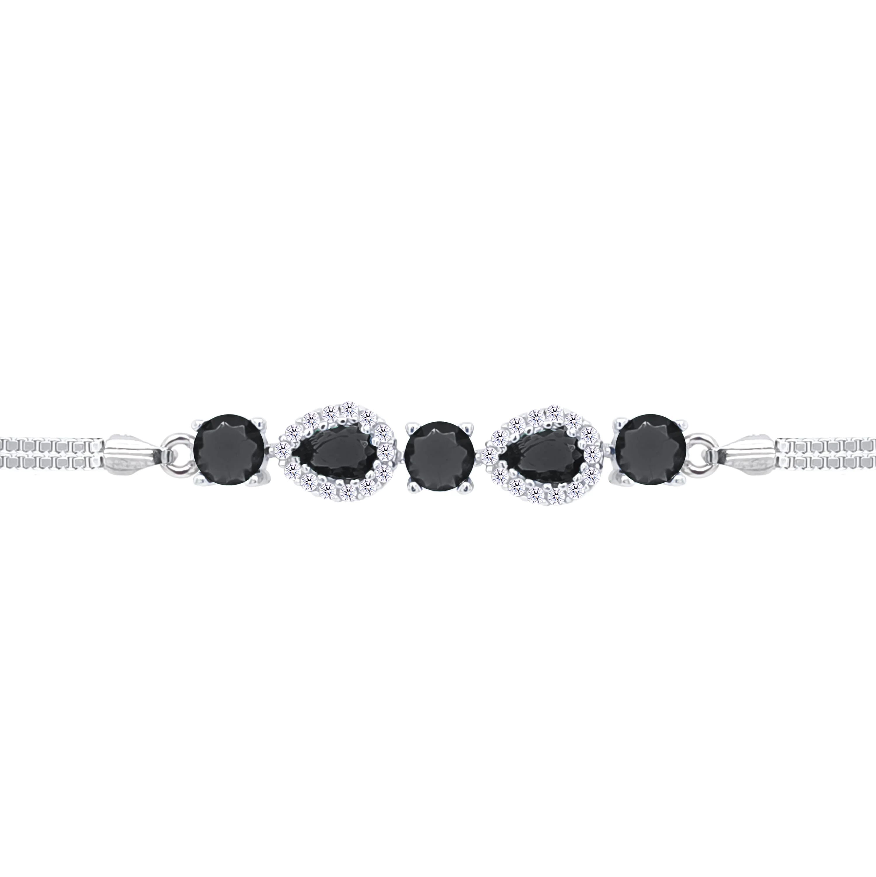 Asfour Crystal Box Chain Bracelet With Black Round & Pear Stones In 925 Sterling Silver-BD0310-P