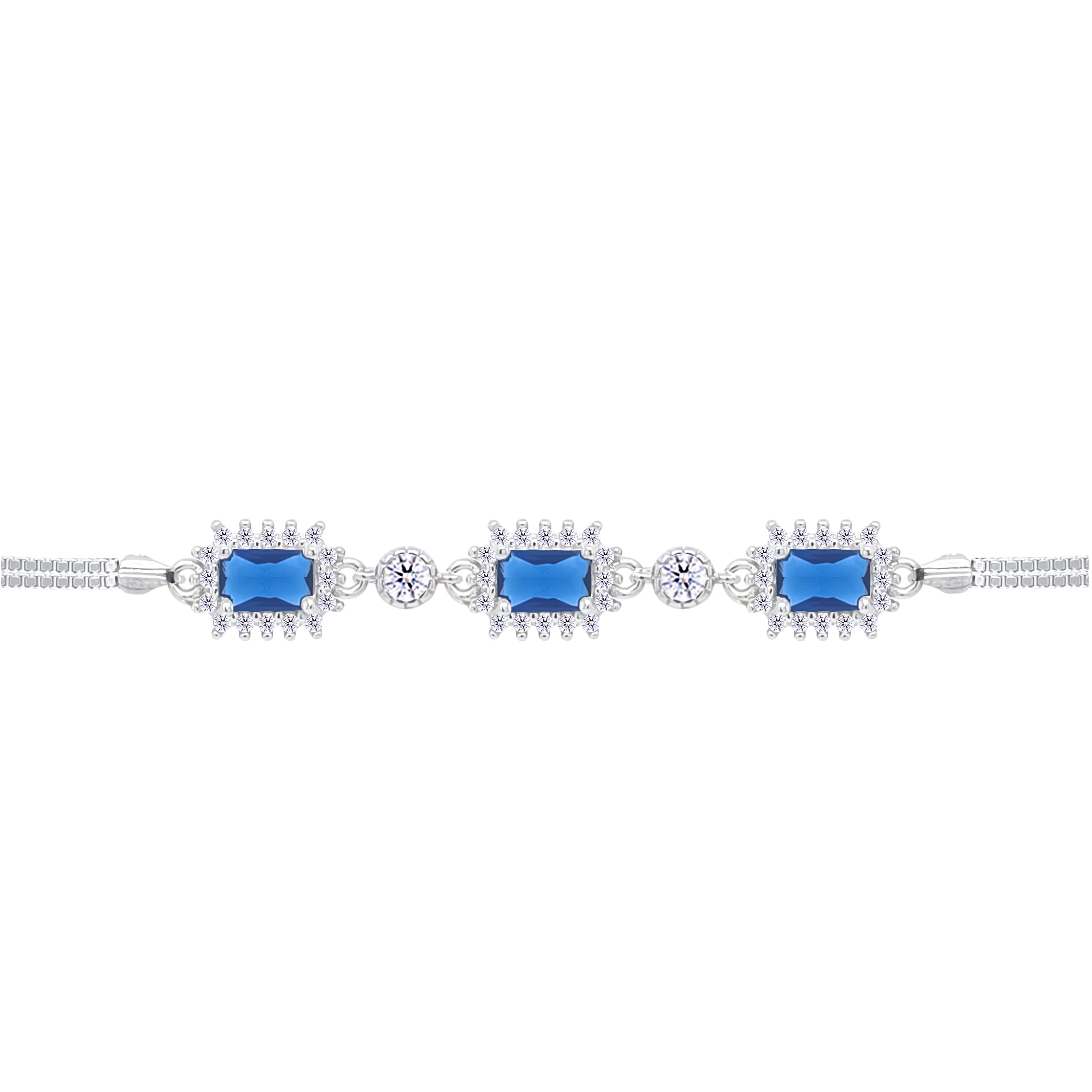 Asfour Crystal Box Chain Bracelet With Blue Emerald Design In 925 Sterling Silver-BD0291-B