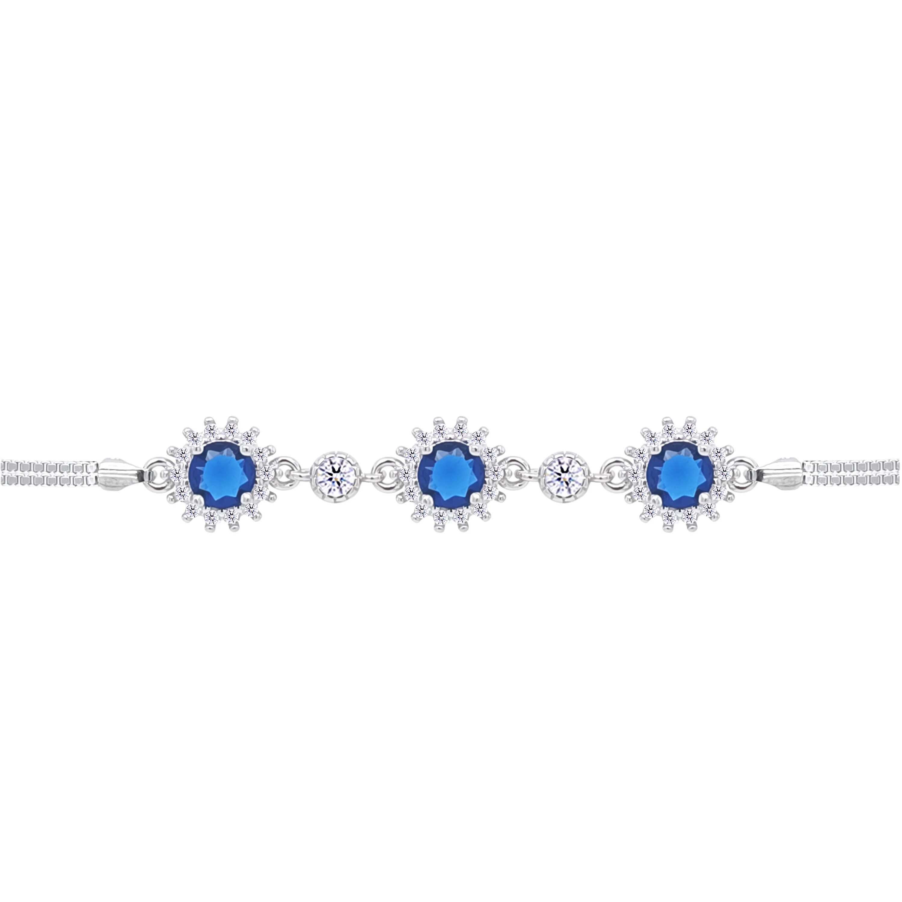 Asfour Crystal Box Chain Bracelet With Blue Round Design In 925 Sterling Silver-BD0290-B