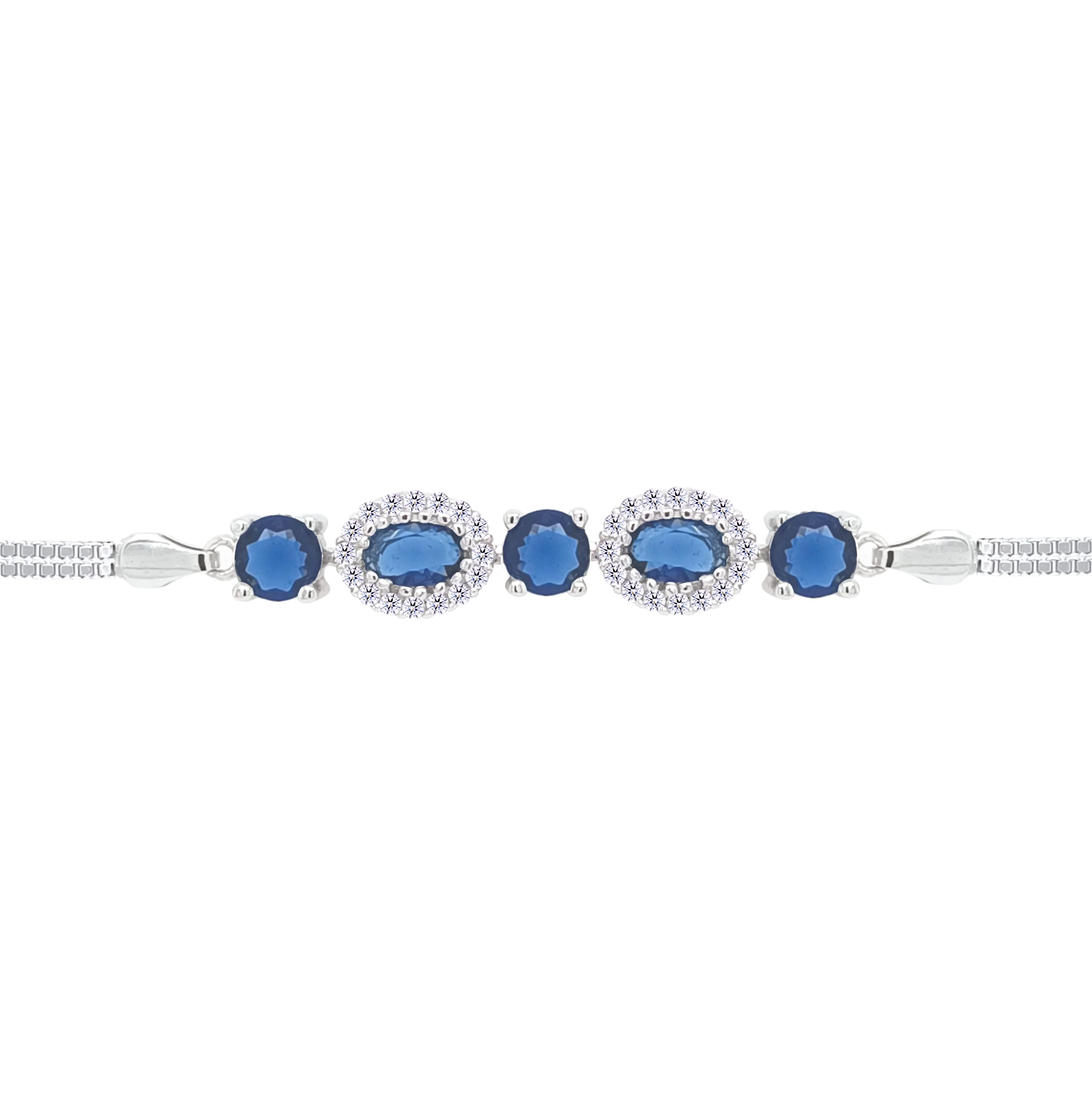 Asfour Crystal Box Chain Bracelet With Blue Round & Oval Stones In 925 Sterling Silver-BD0309-B