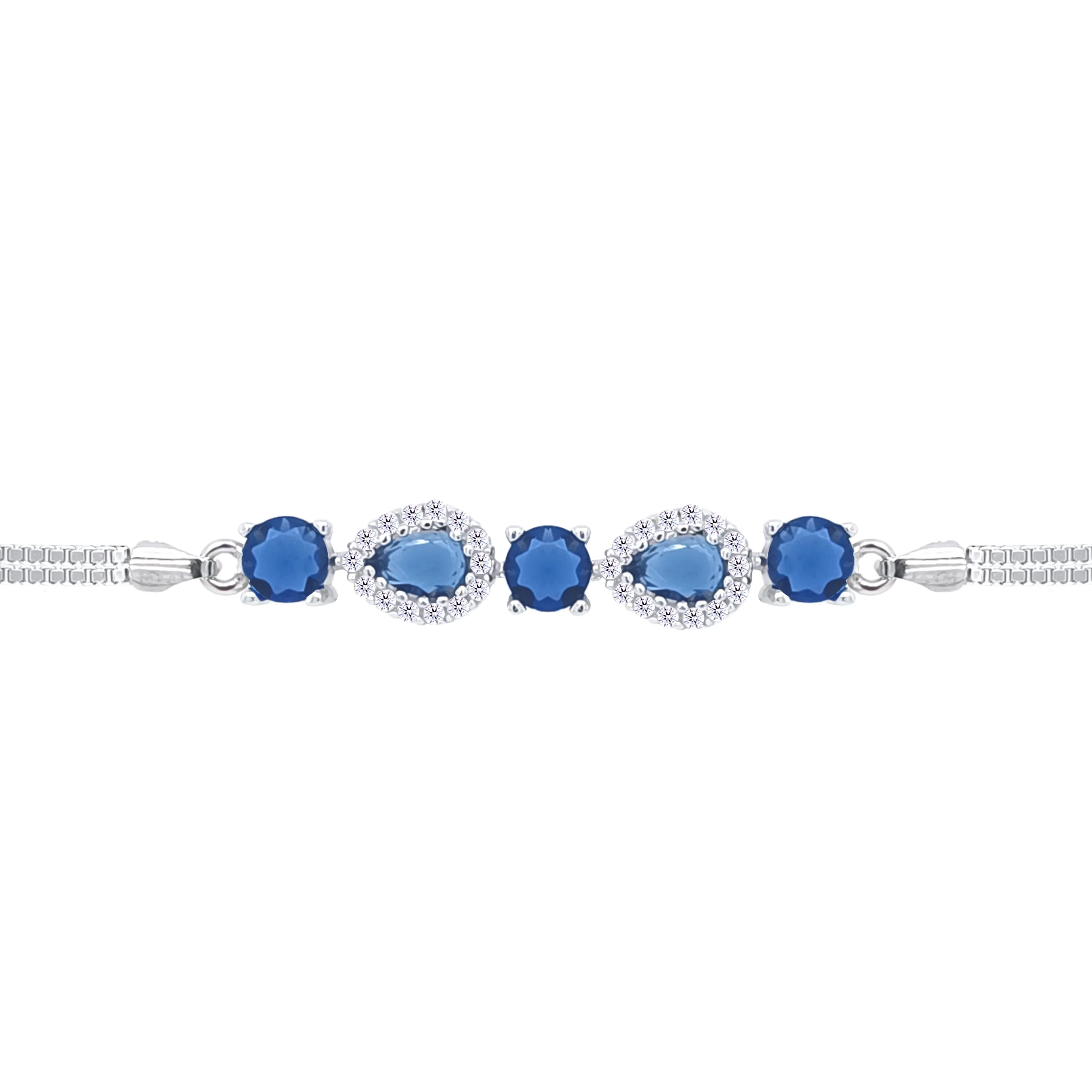 Asfour Crystal Box Chain Bracelet With Blue Round & Pear Stones In 925 Sterling Silver-BD0310-B