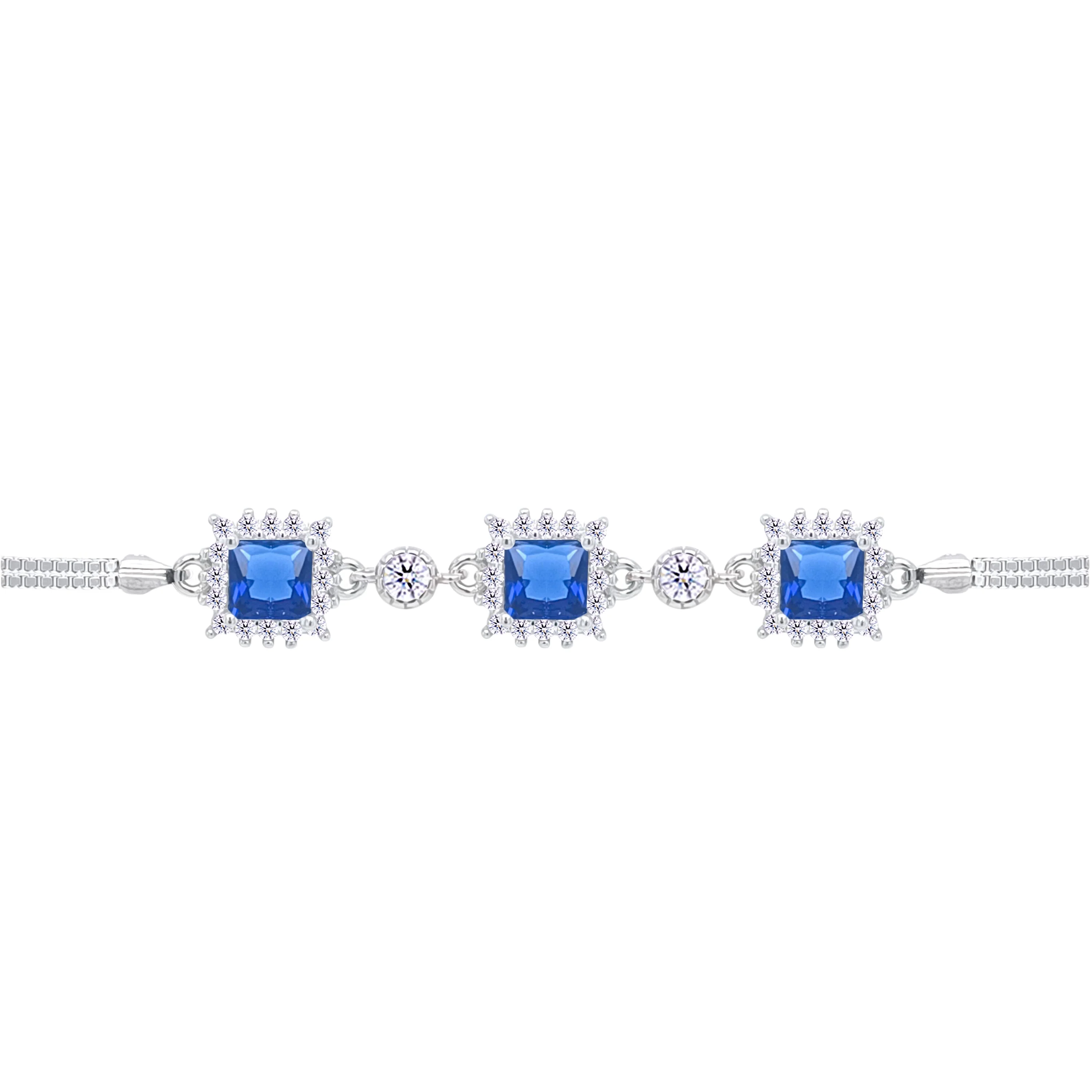 Asfour Crystal Box Chain Bracelet With Blue Square Stones In 925 Sterling Silver-BD0292-B