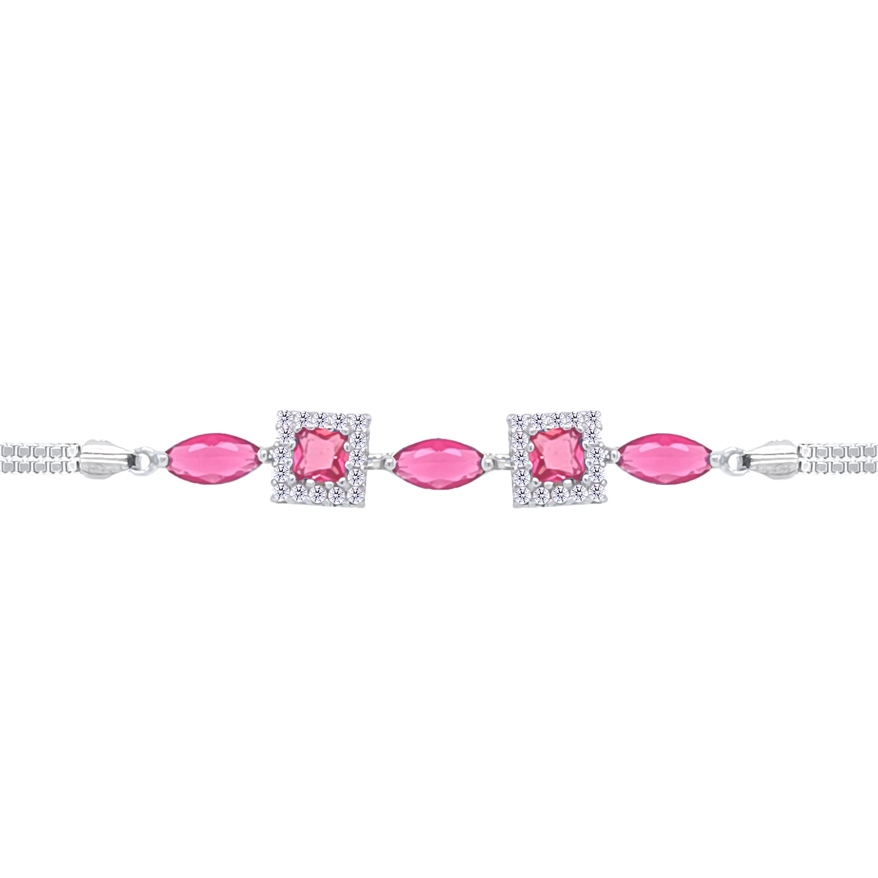 Asfour Crystal Box Chain Bracelet With Dark Rose Marquise & Square Stones In 925 Sterling Silver-BD0293-O5