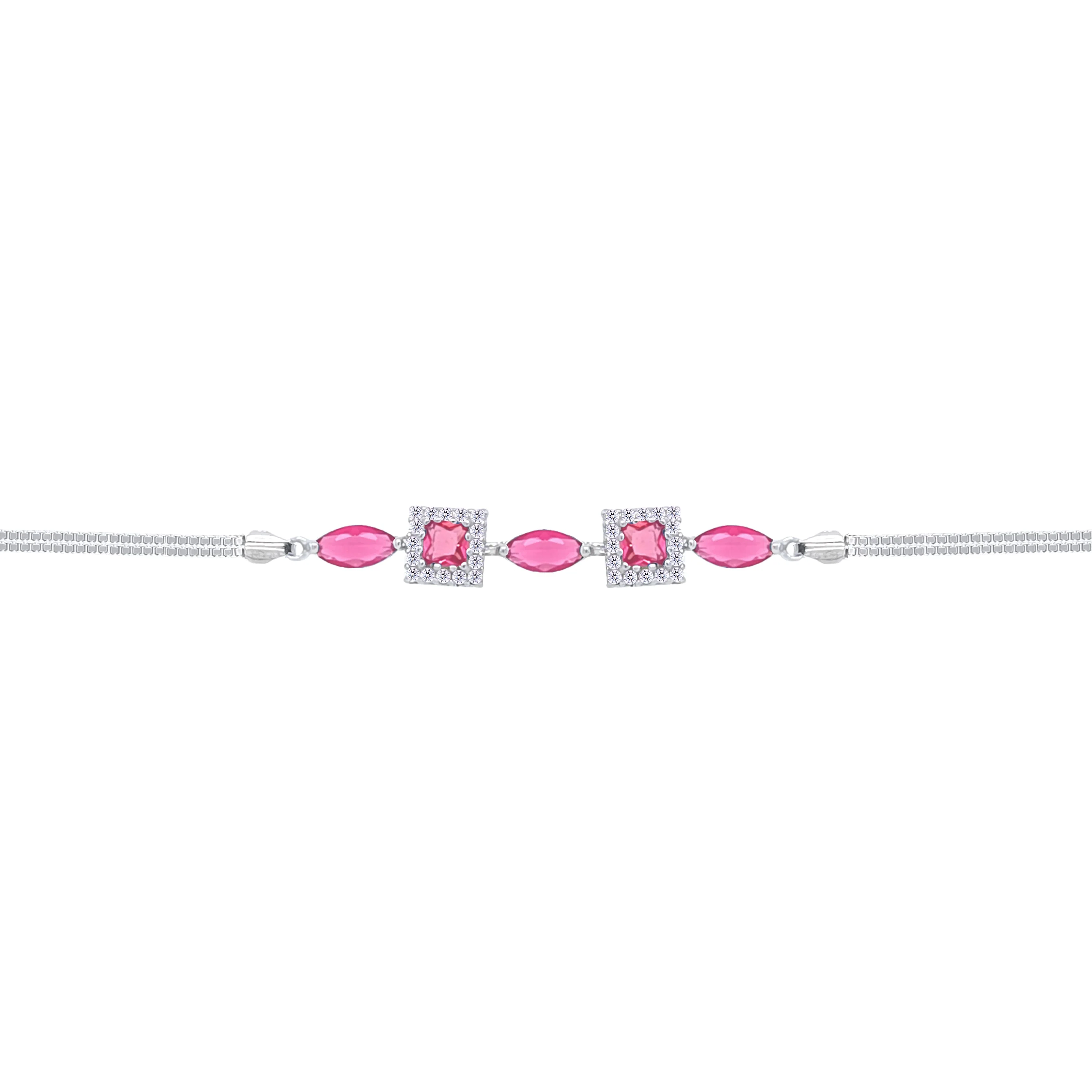 Asfour Crystal Box Chain Bracelet With Dark Rose Marquise & Square Stones In 925 Sterling Silver-BD0293-O5 - Image 2