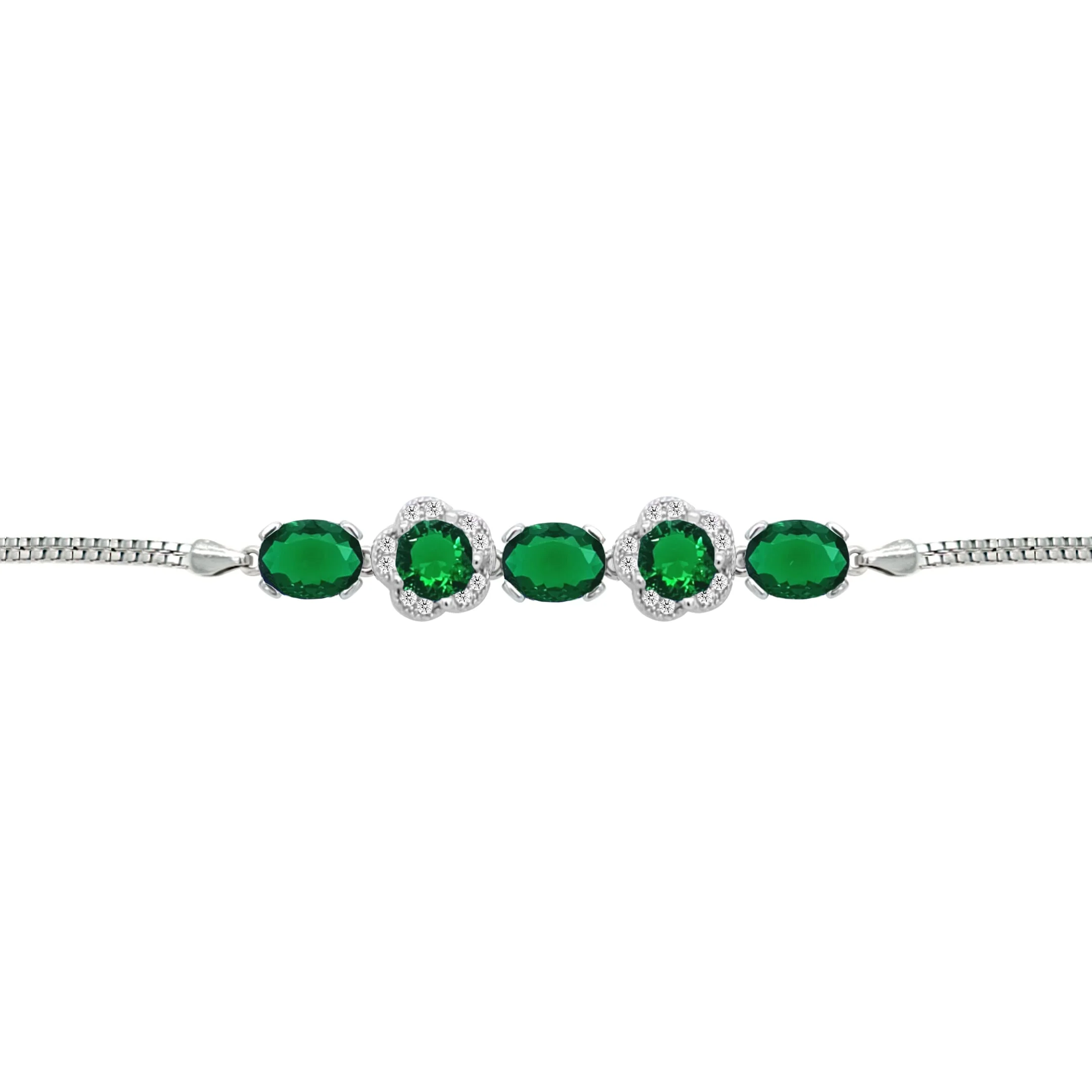 Asfour Crystal Box Chain Bracelet With Emerald Flower & Oval Design In 925 Sterling Silver-BM0076-G
