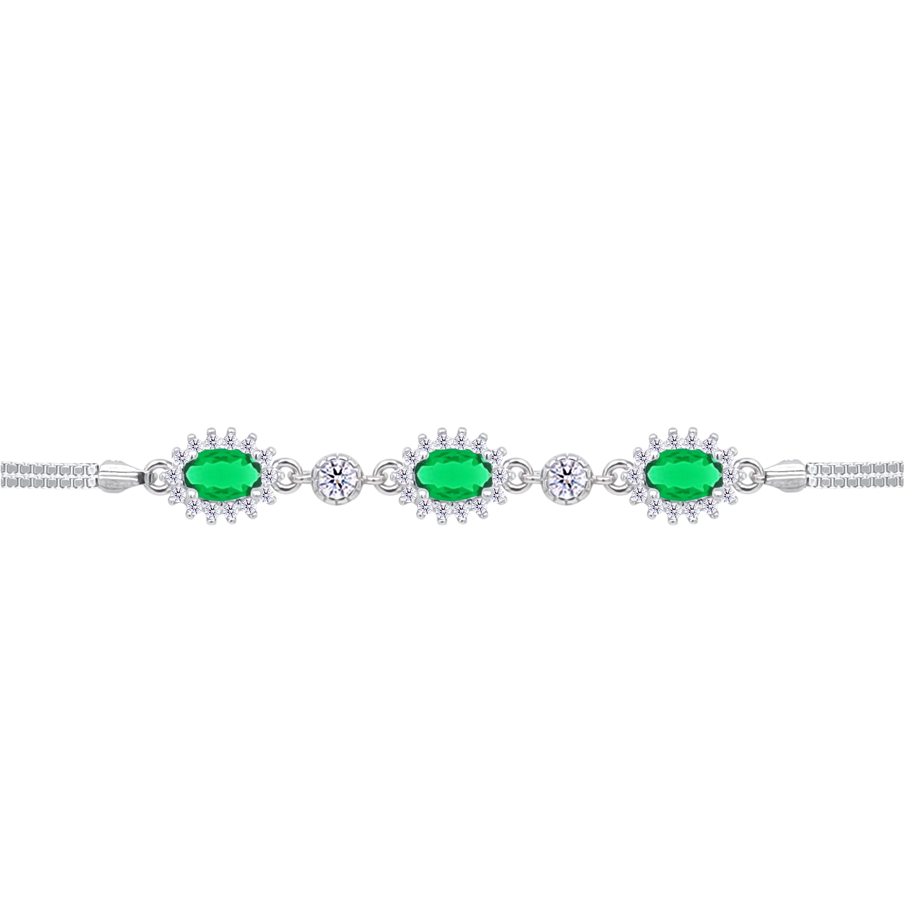 Asfour Crystal Box Chain Bracelet With Emerald Oval Design In 925 Sterling Silver-BD0312-G