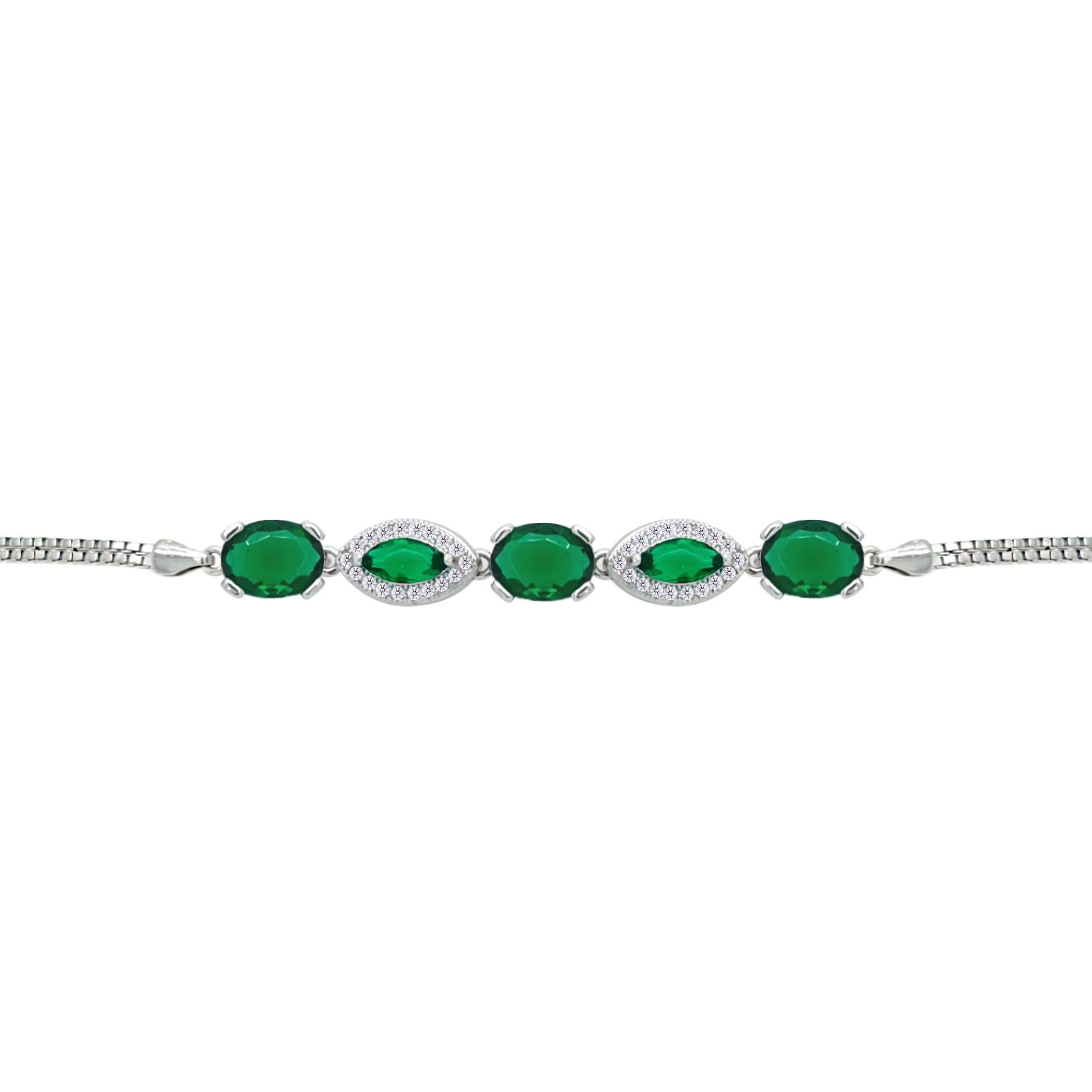 Asfour Crystal Box Chain Bracelet With Emerald Oval & Marquise Design In 925 Sterling Silver-BM0075-G