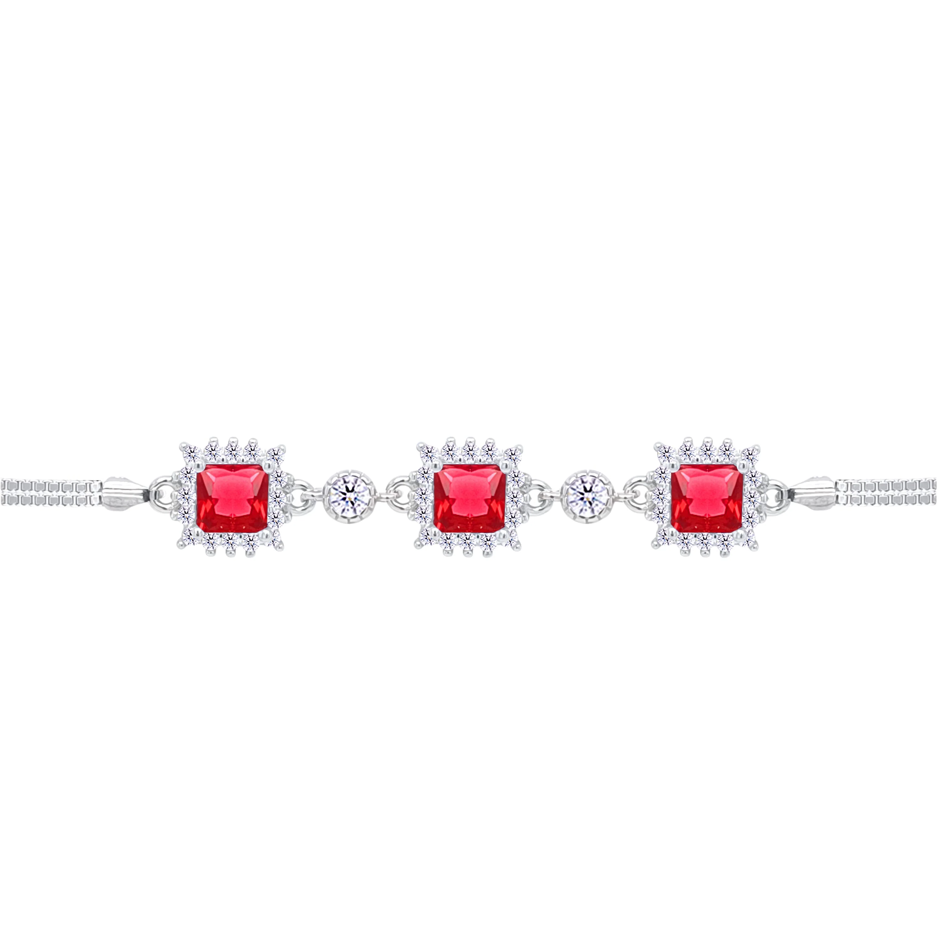 Asfour Crystal Box Chain Bracelet With Ruby Square Stones In 925 Sterling Silver-BD0292-R