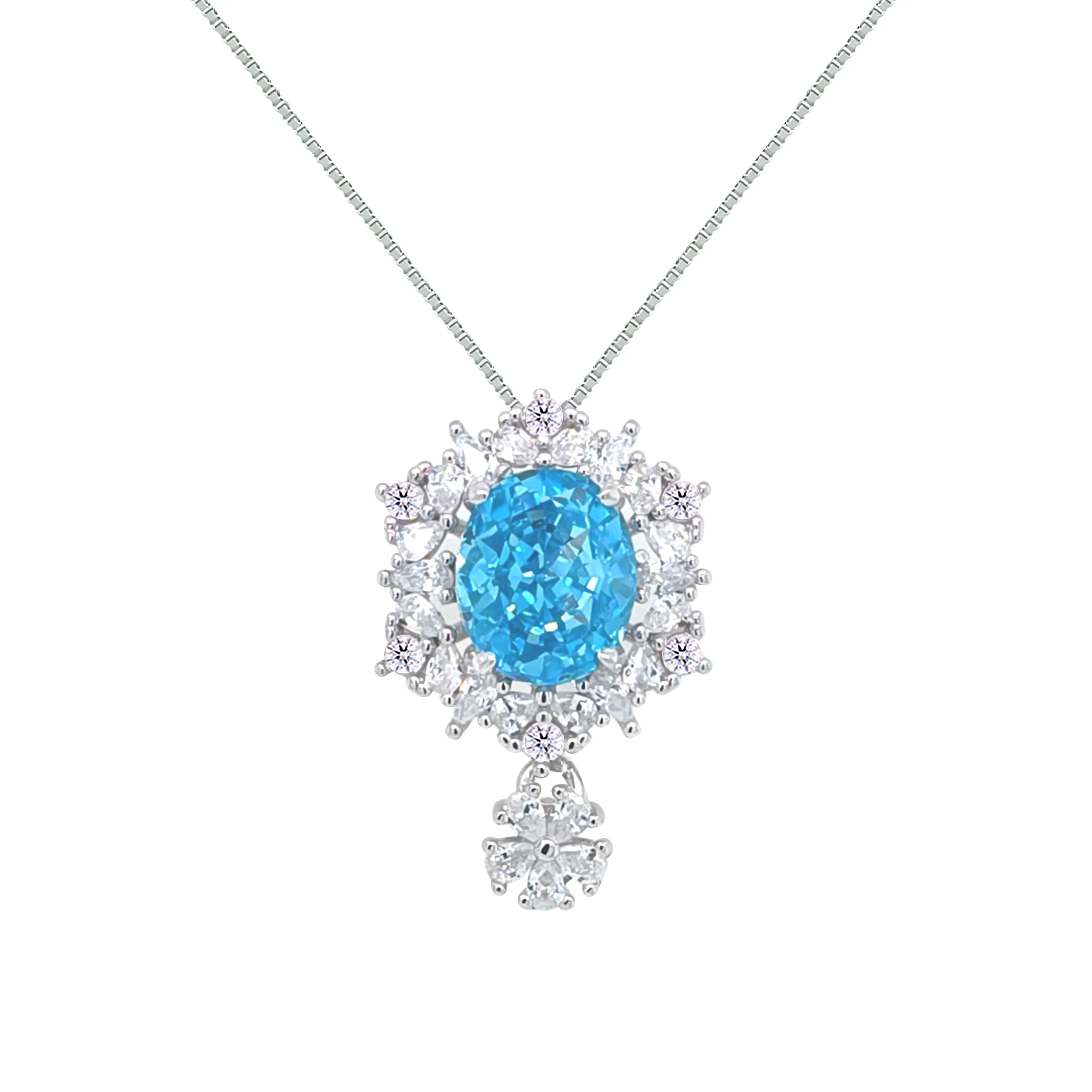 Asfour Crystal Box Chain Necklace With Decorative Aquamarine Oval Pendant In 925 Sterling Silver-ND0565-M