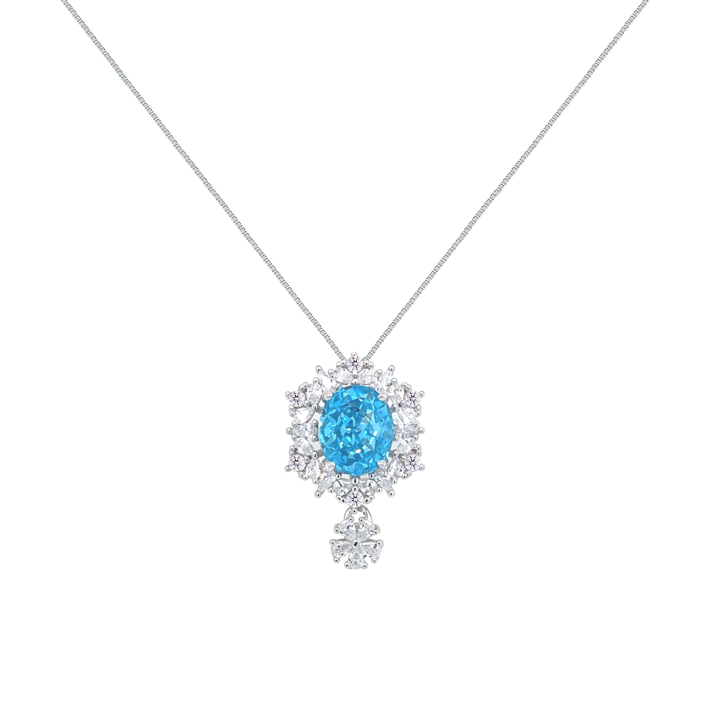 Asfour Crystal Box Chain Necklace With Decorative Aquamarine Oval Pendant In 925 Sterling Silver-ND0565-M - Image 2