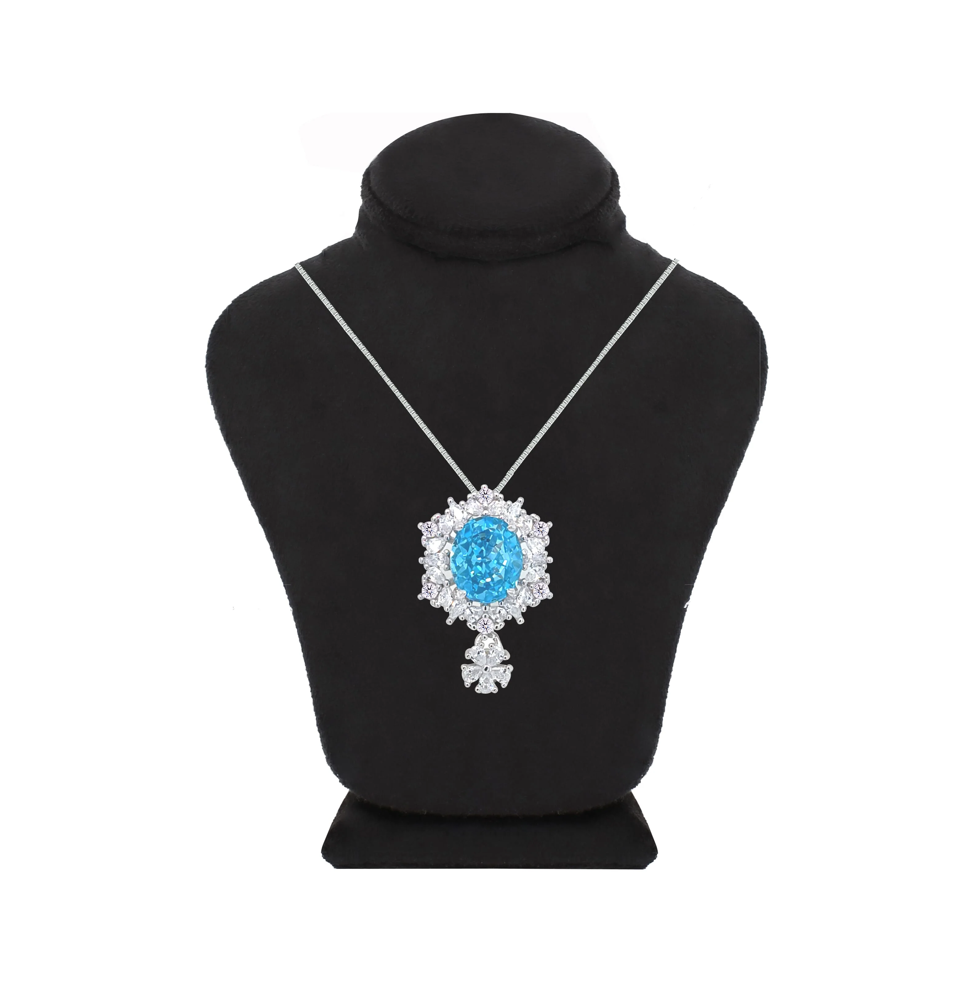 Asfour Crystal Box Chain Necklace With Decorative Aquamarine Oval Pendant In 925 Sterling Silver-ND0565-M - Image 3