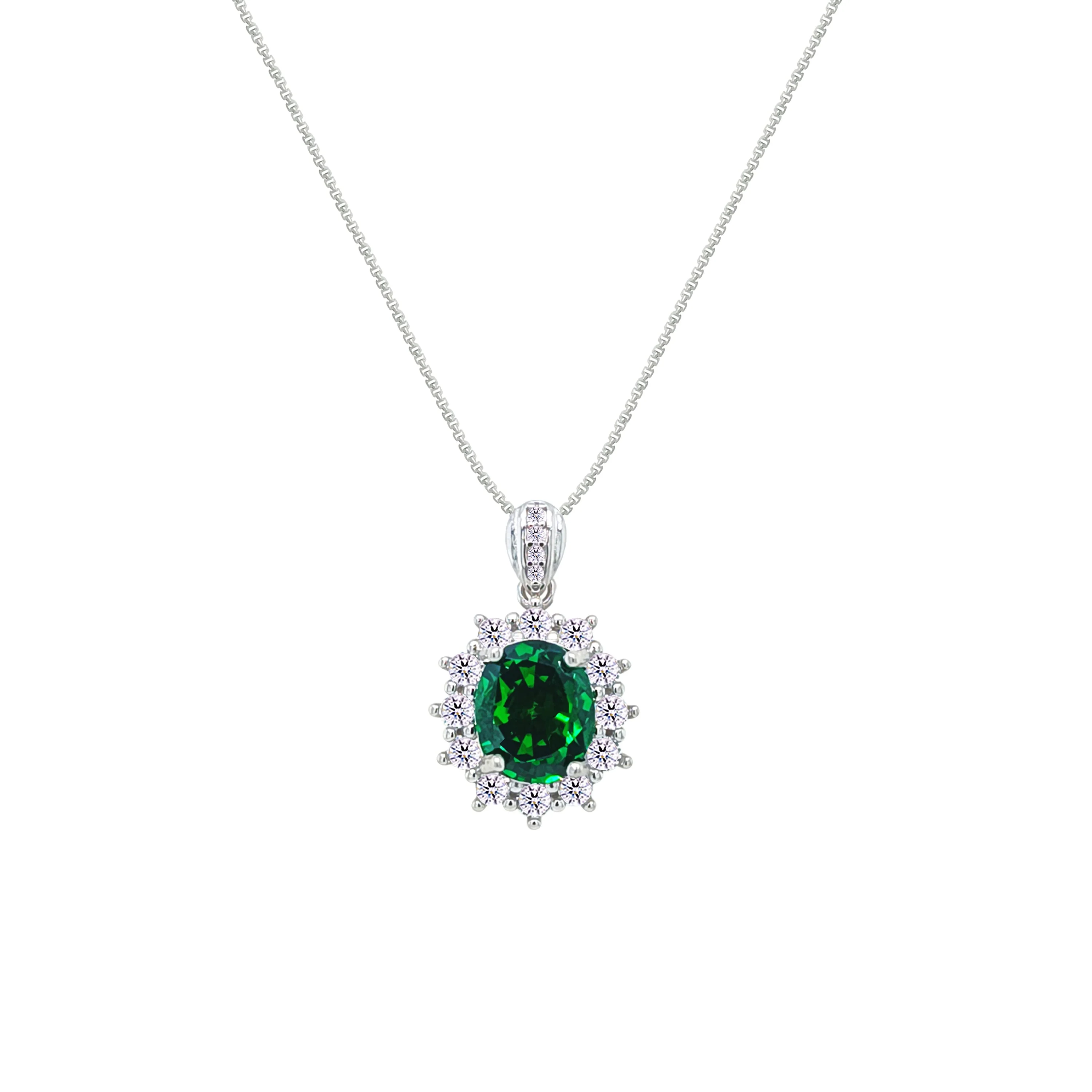 Asfour Crystal Box Chain Necklace With Halo Emerald Oval Pendant In 925 Sterling Silver-ND0564-G2 - Image 2