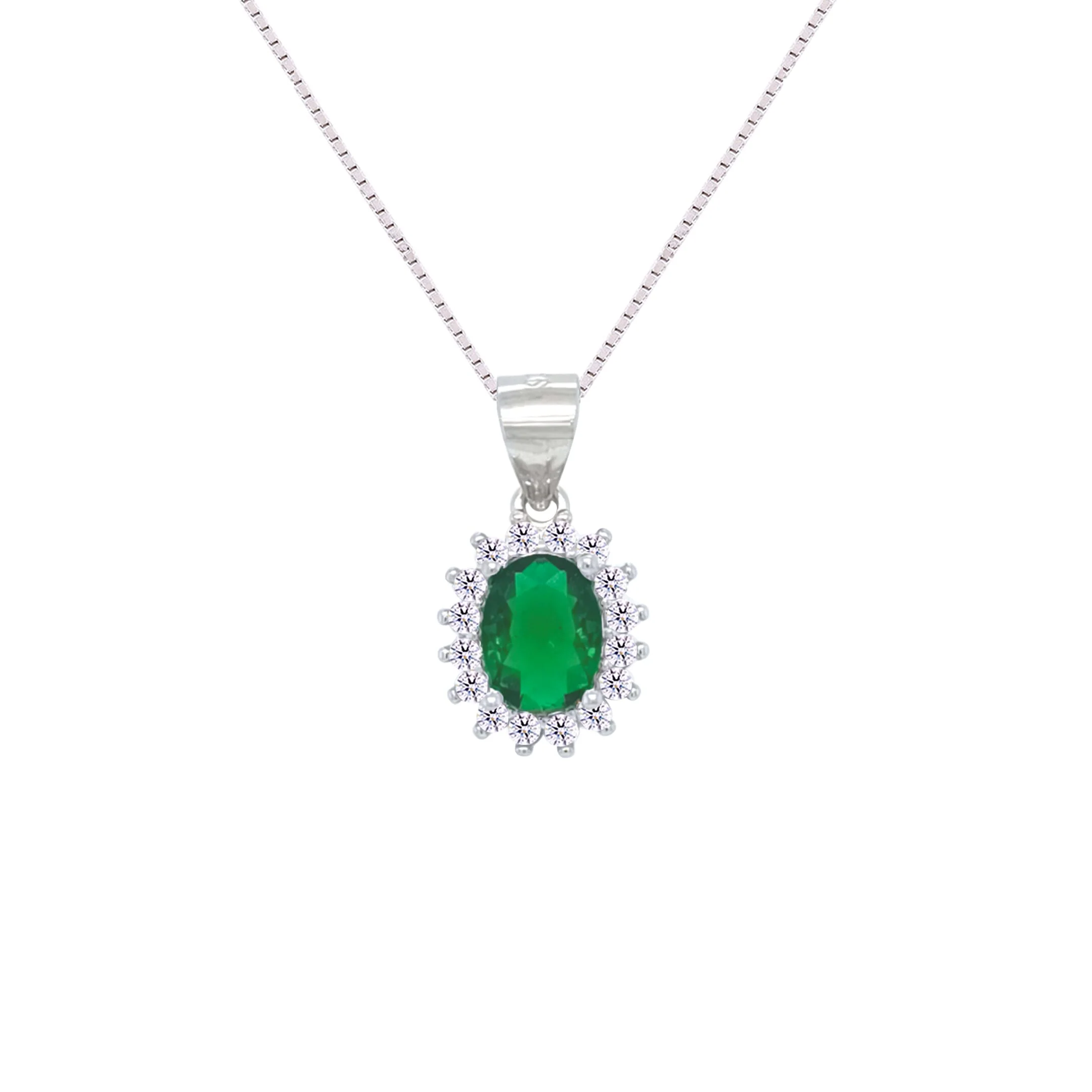 Asfour Crystal Box Chain Necklace With Halo Emerald Oval Pendant In 925 Sterling Silver-NM0035-G