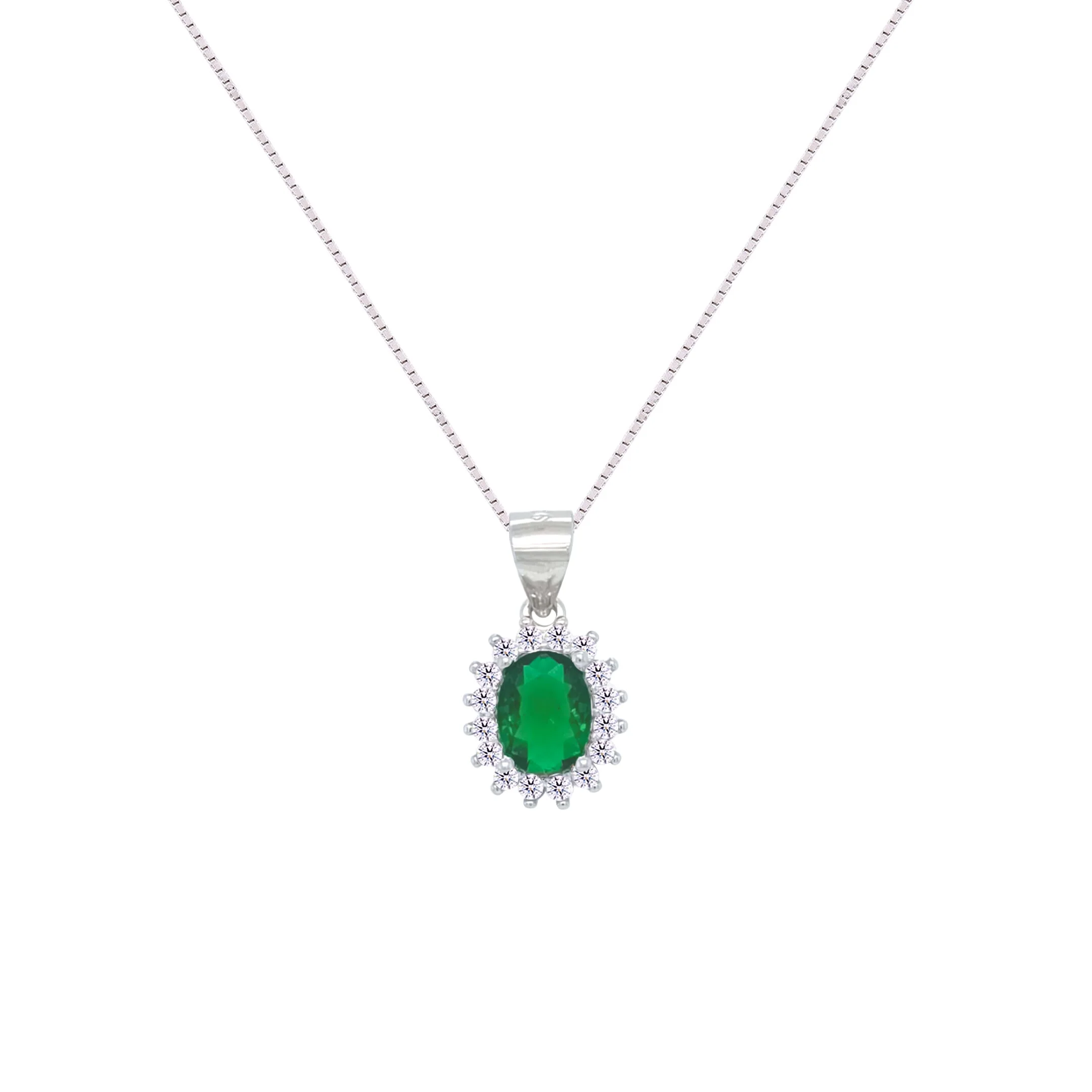 Asfour Crystal Box Chain Necklace With Halo Emerald Oval Pendant In 925 Sterling Silver-NM0035-G - Image 2