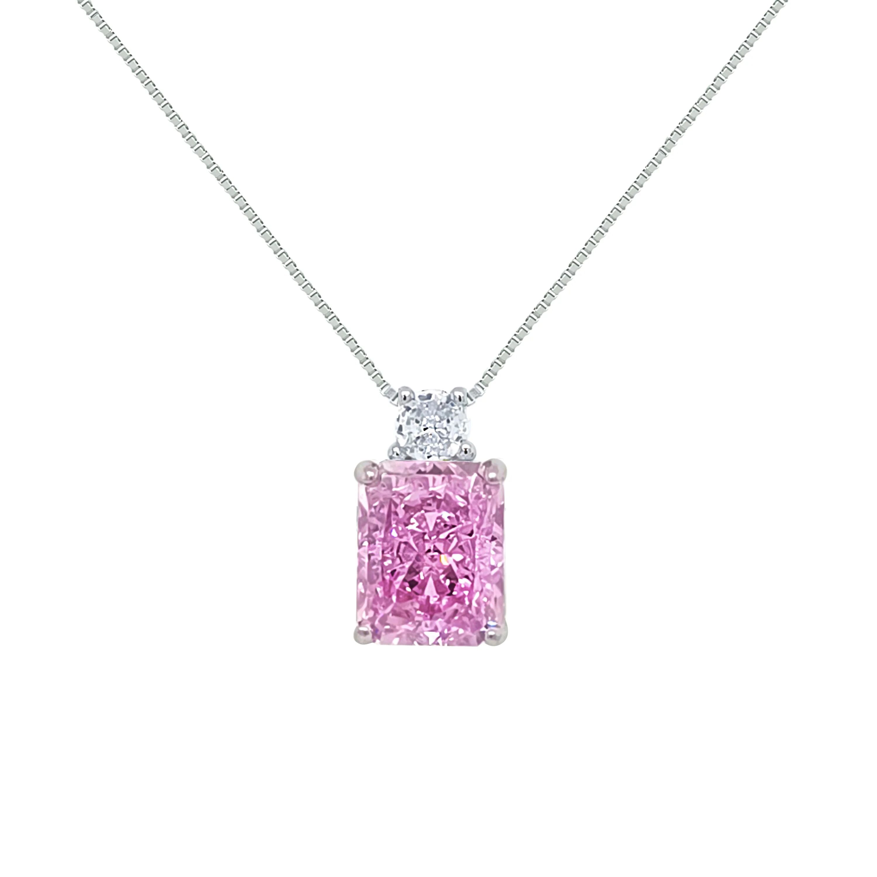 Asfour Crystal Box Chain Necklace With Rose Emerald Pendant In 925 Sterling Silver-ND0558-O