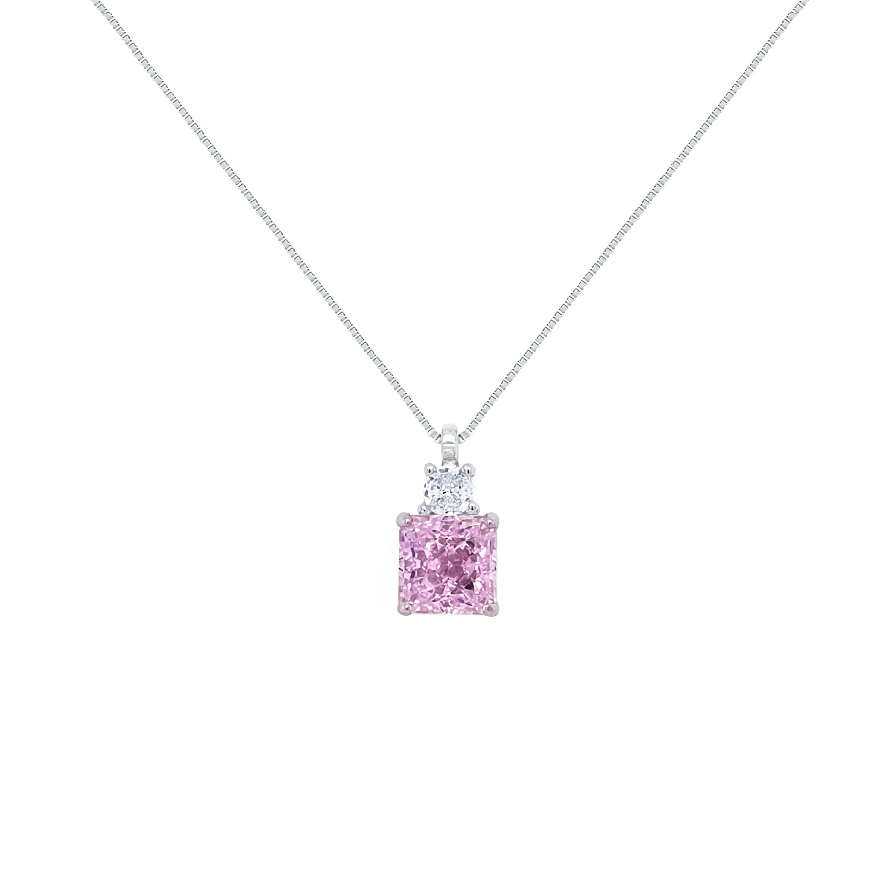 Asfour Crystal Box Chain Necklace With Rose Square Pendant In 925 Sterling Silver-ND0560-O - Image 2