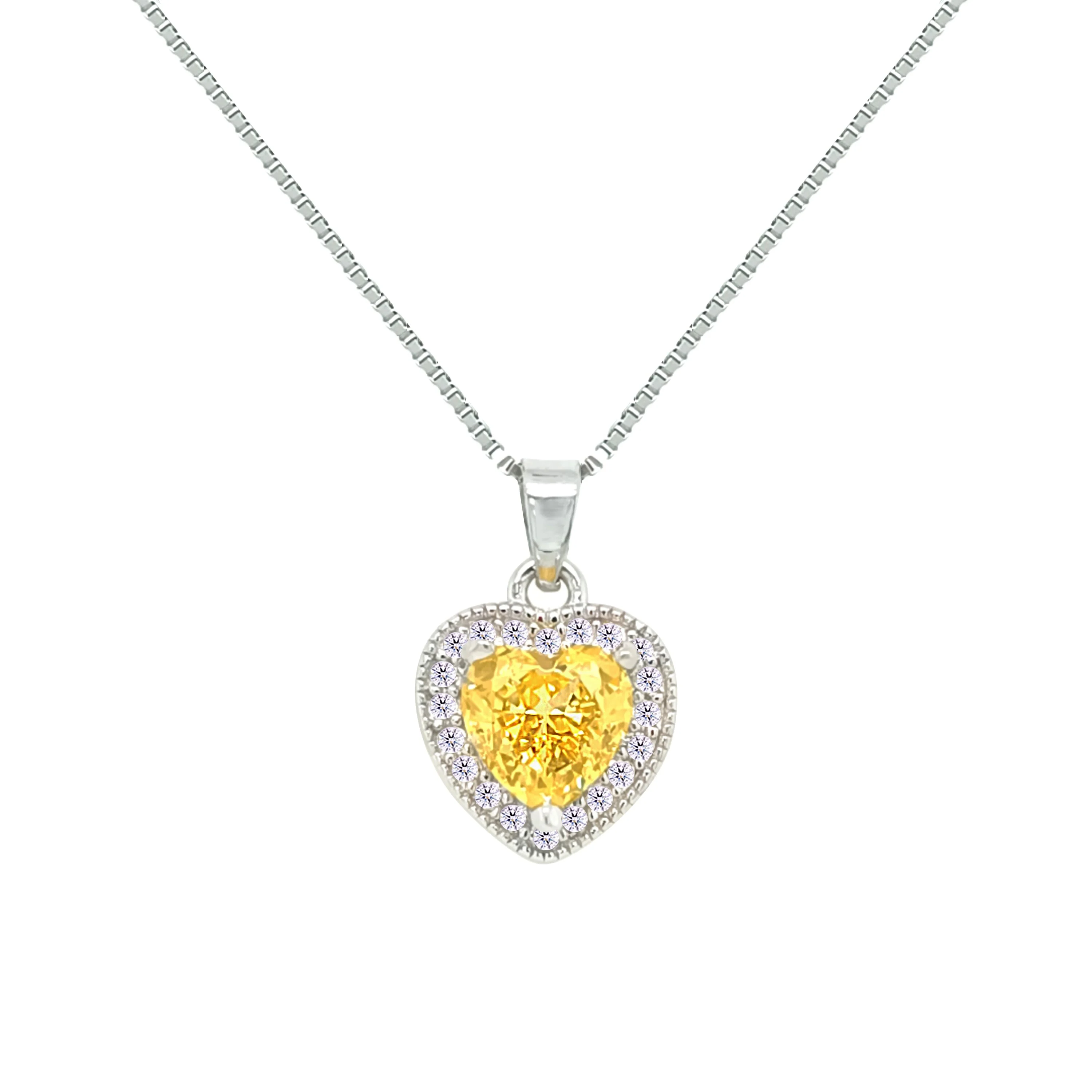 Asfour Crystal Box Chain Necklace With Yellow Heart Pendant In 925 Sterling Silver-ND0550-Y