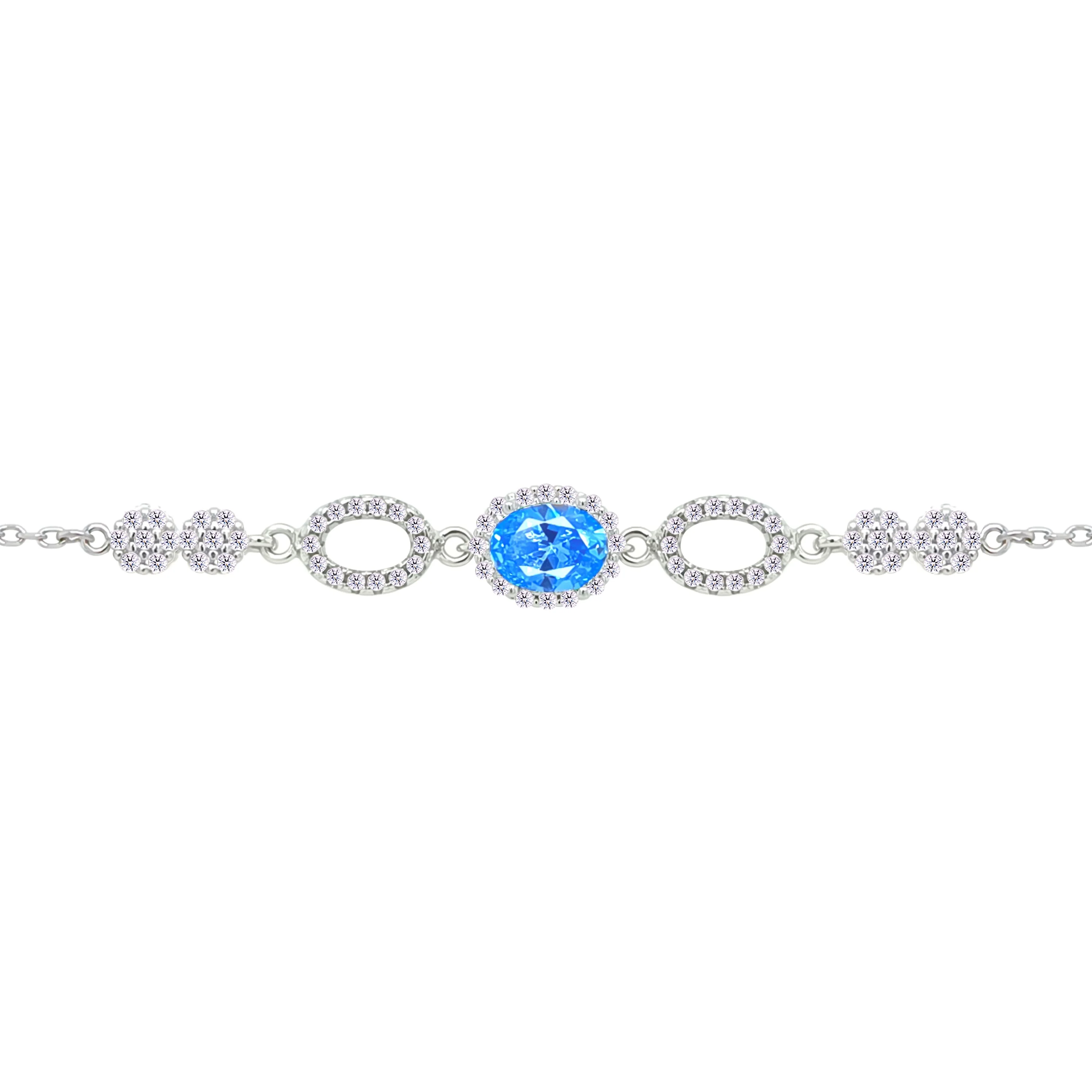 Asfour Crystal Chain Bracelet With Aquamarine Oval Design In 925 Sterling Silver-BM0156-WM
