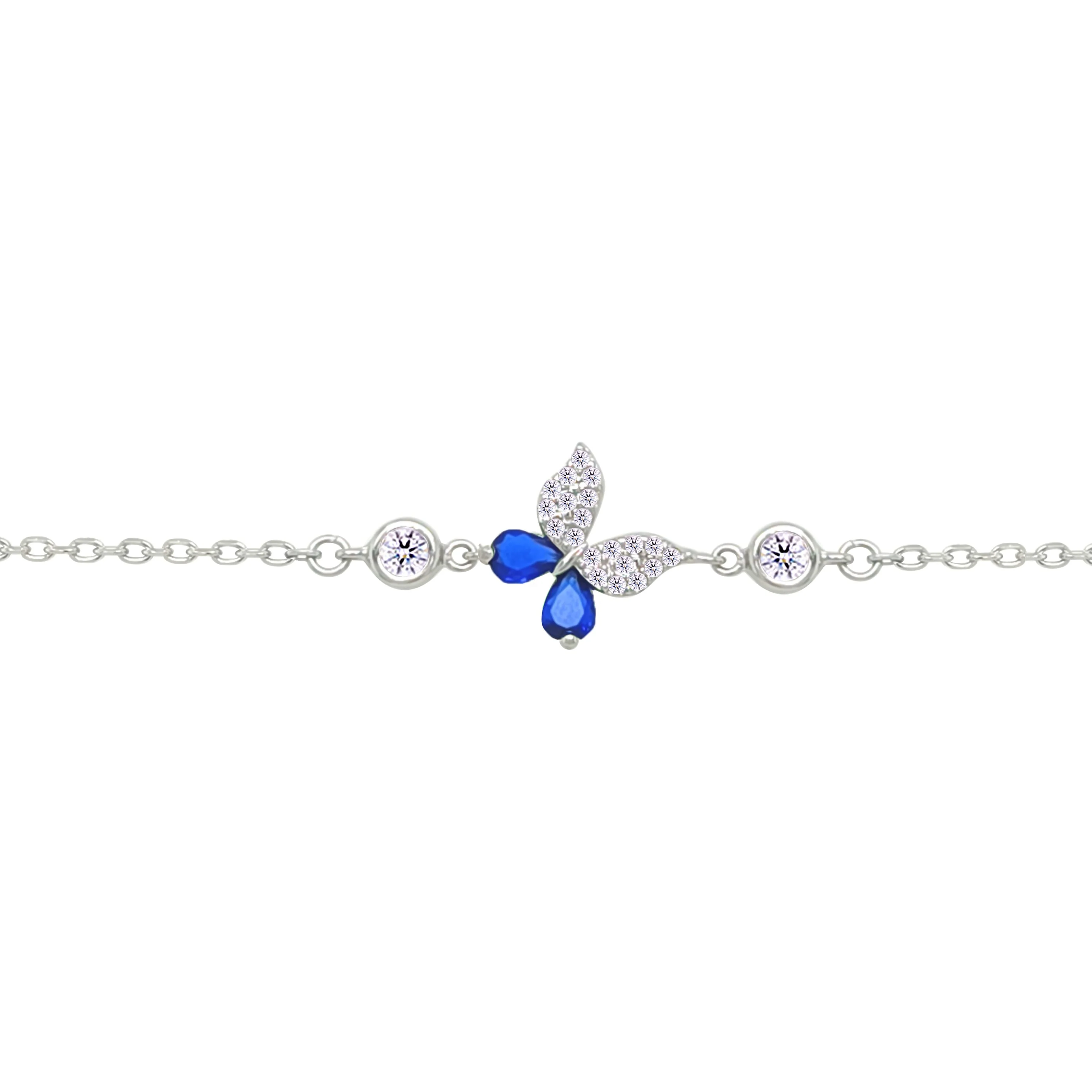 Asfour Crystal Chain Bracelet With Blue Butterfly Design In 925 Sterling Silver-BM0161-WB