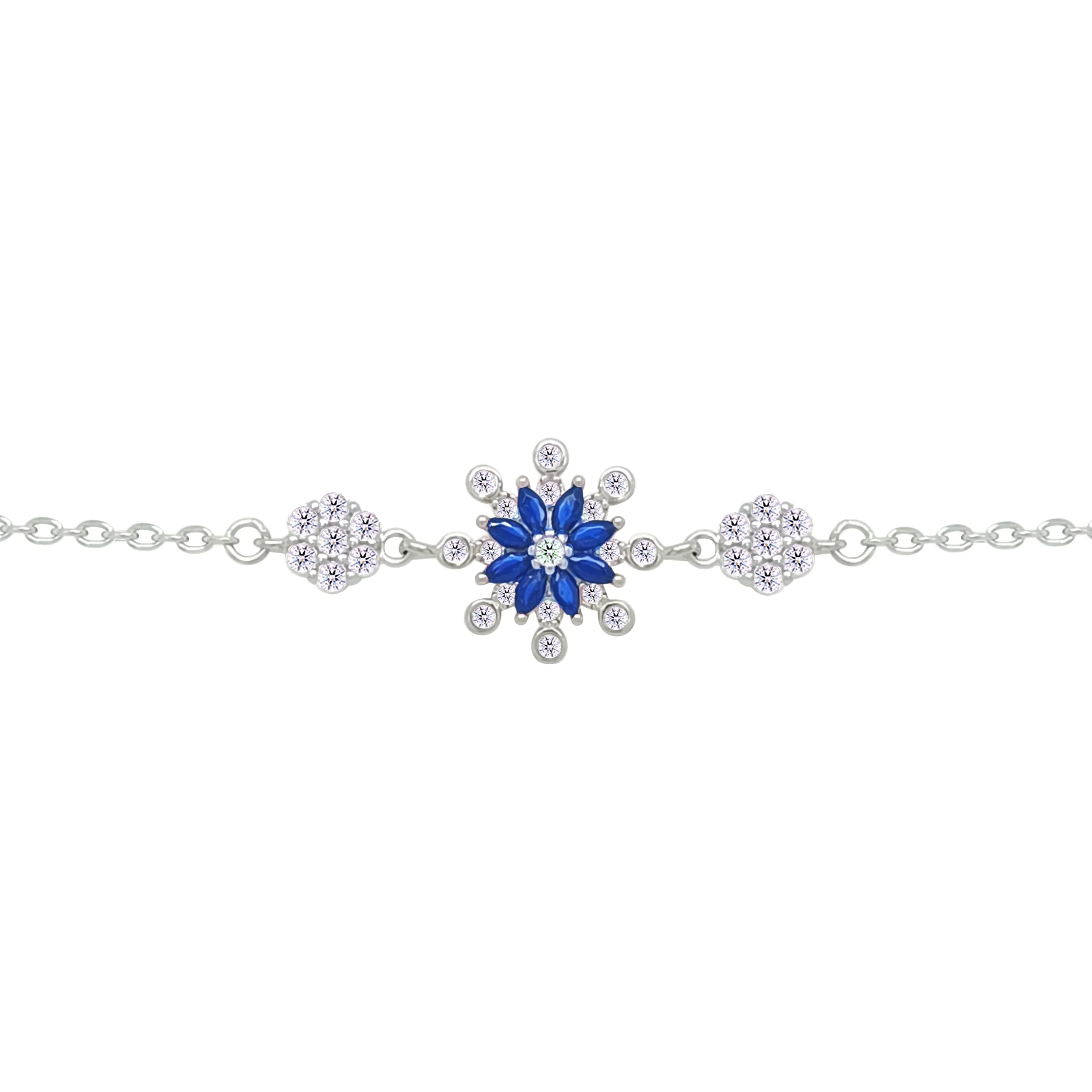 Asfour Crystal Chain Bracelet With Blue Flower Design In 925 Sterling Silver-BM0157-WB