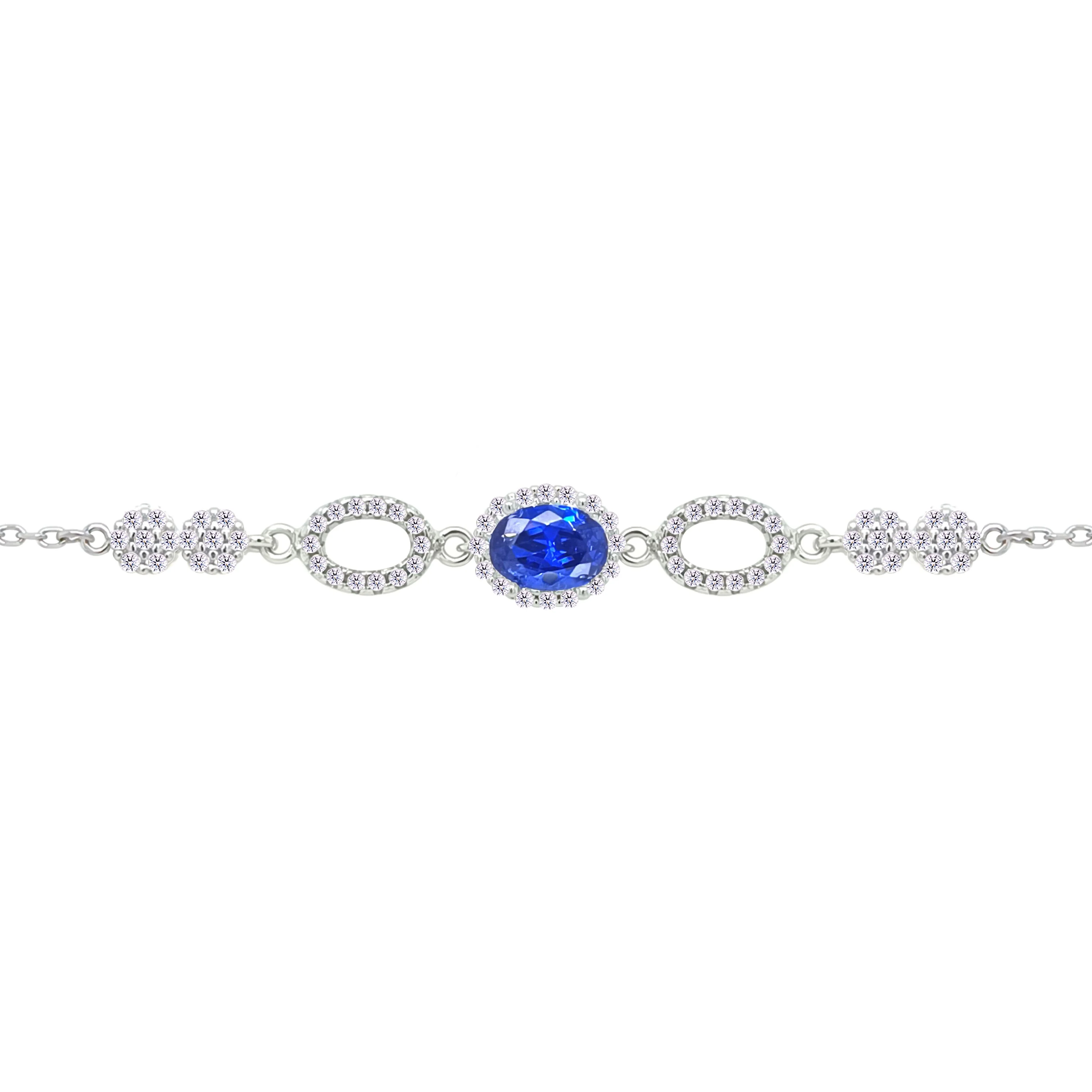Asfour Crystal Chain Bracelet With Blue Oval Design In 925 Sterling Silver-BM0156-WB