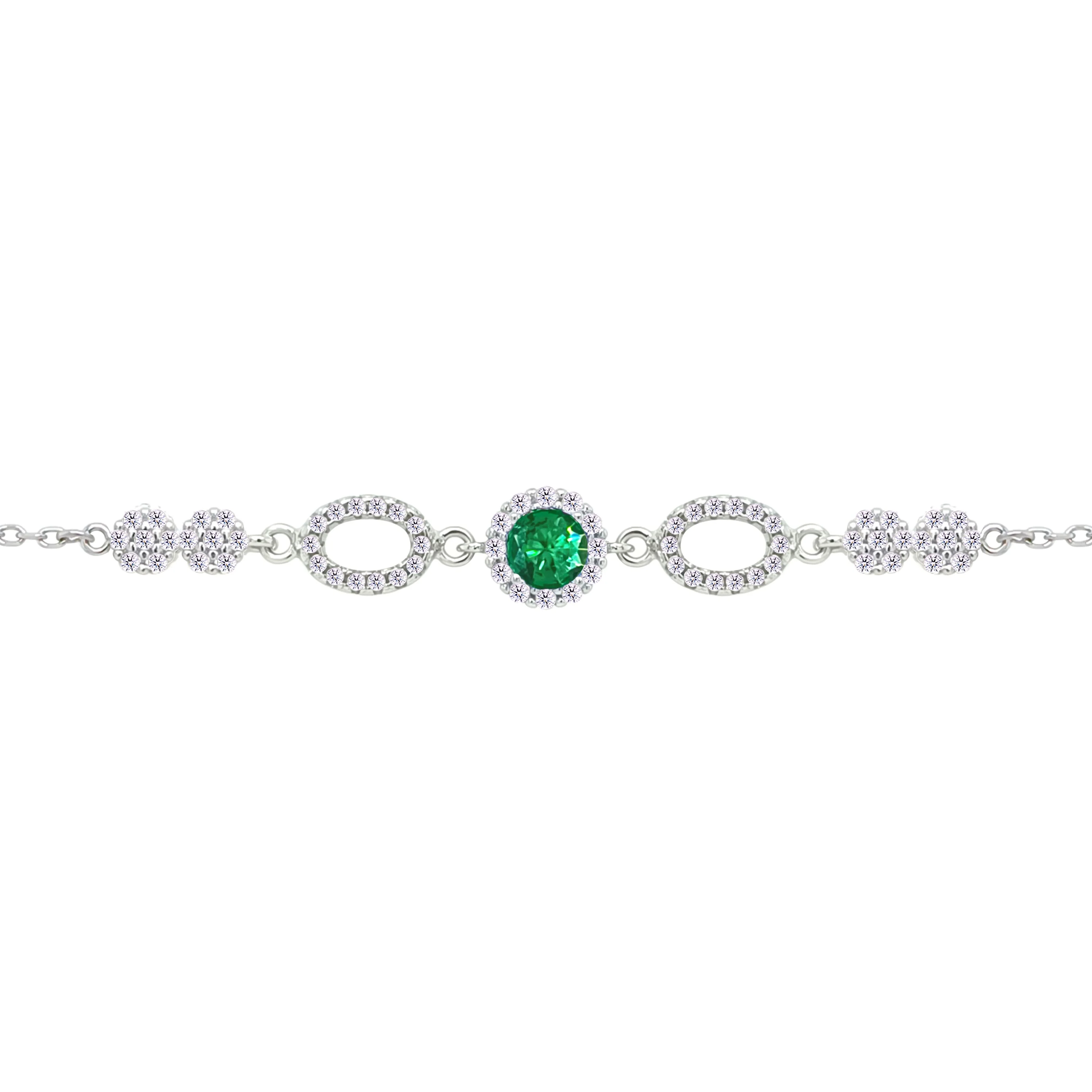 Asfour Crystal Chain Bracelet With Decorative Emerald Round Design In 925 Sterling Silver-BM0155-WG