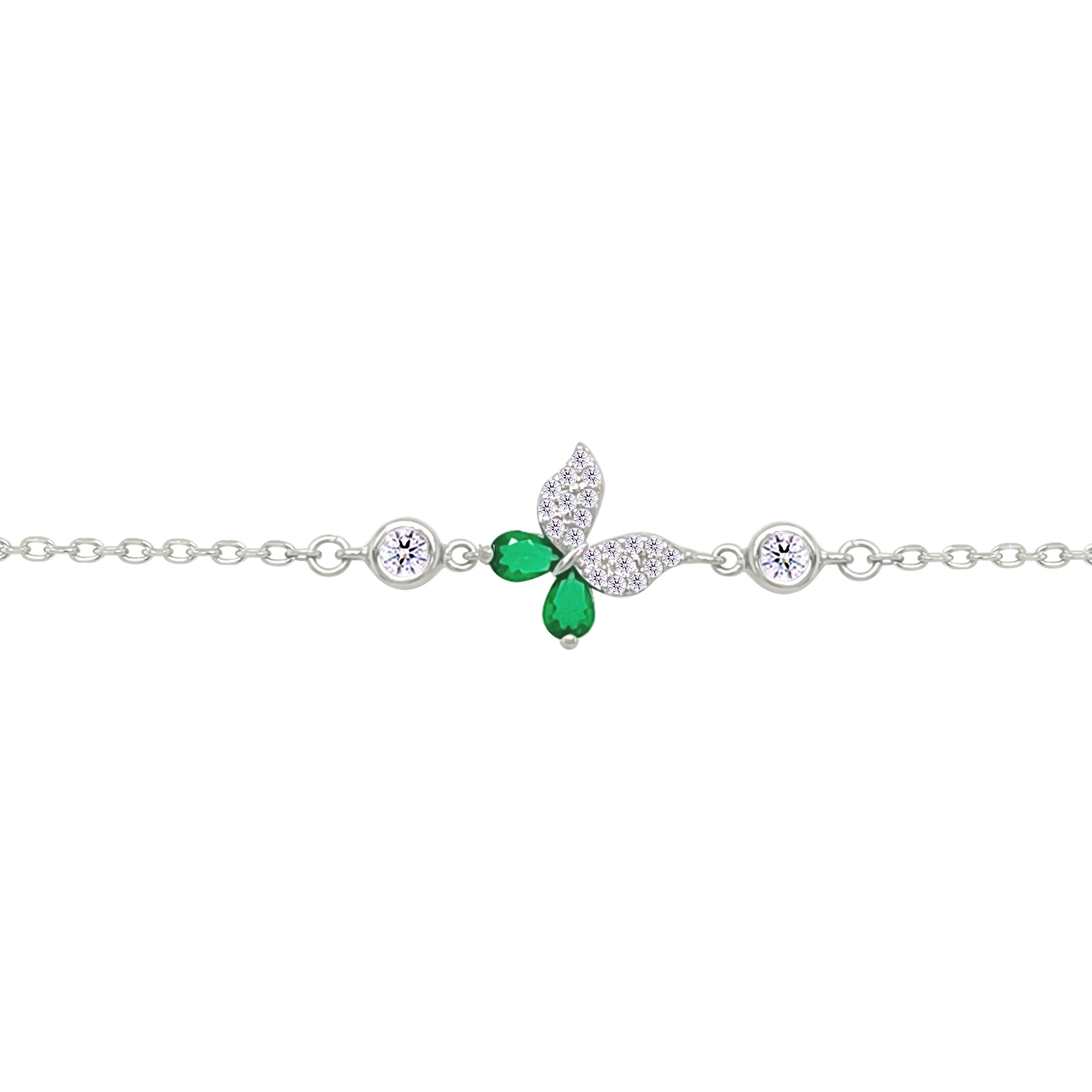 Asfour Crystal Chain Bracelet With Emerald Butterfly Design In 925 Sterling Silver-BM0161-WG