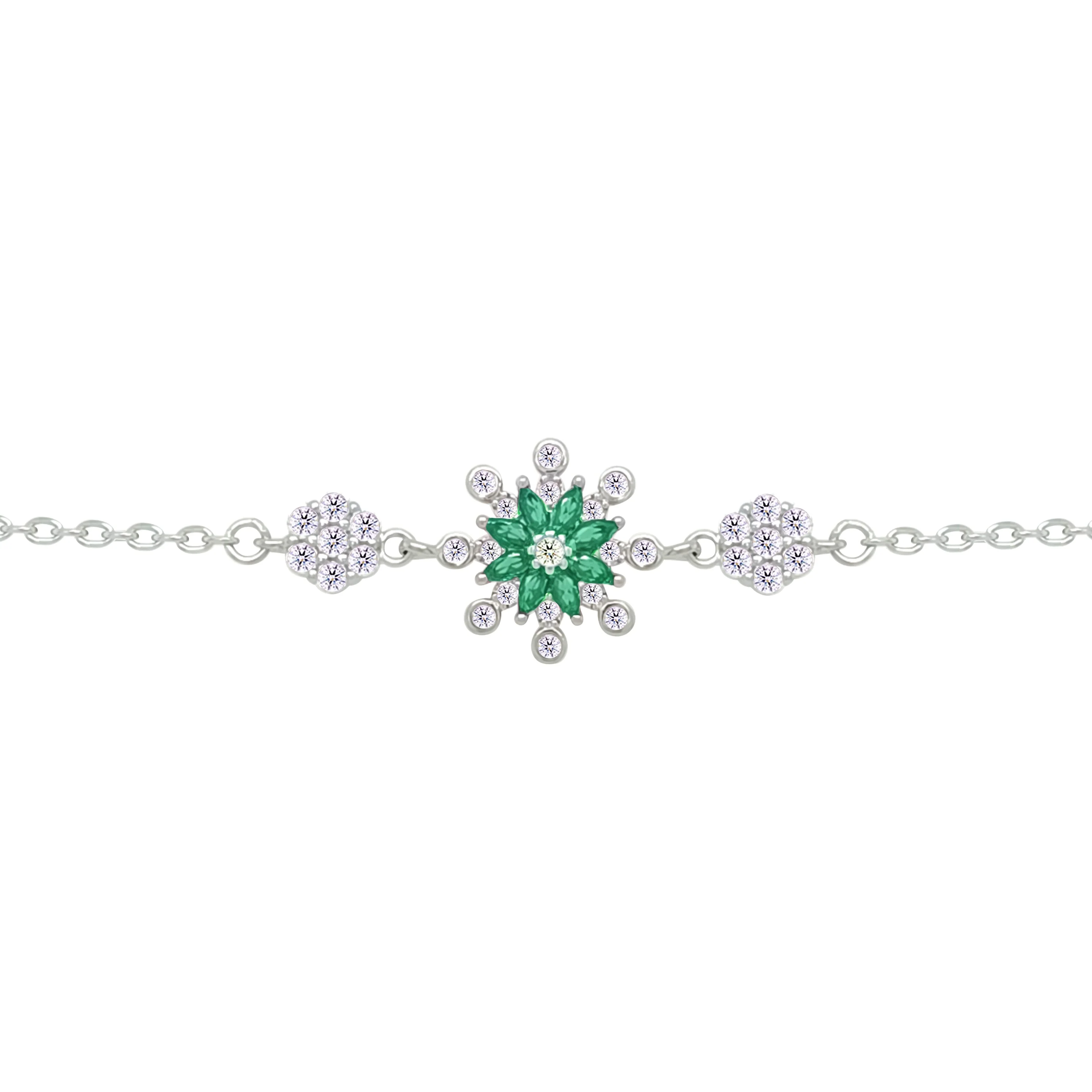Asfour Crystal Chain Bracelet With Emerald Flower Design In 925 Sterling Silver-BM0157-WG