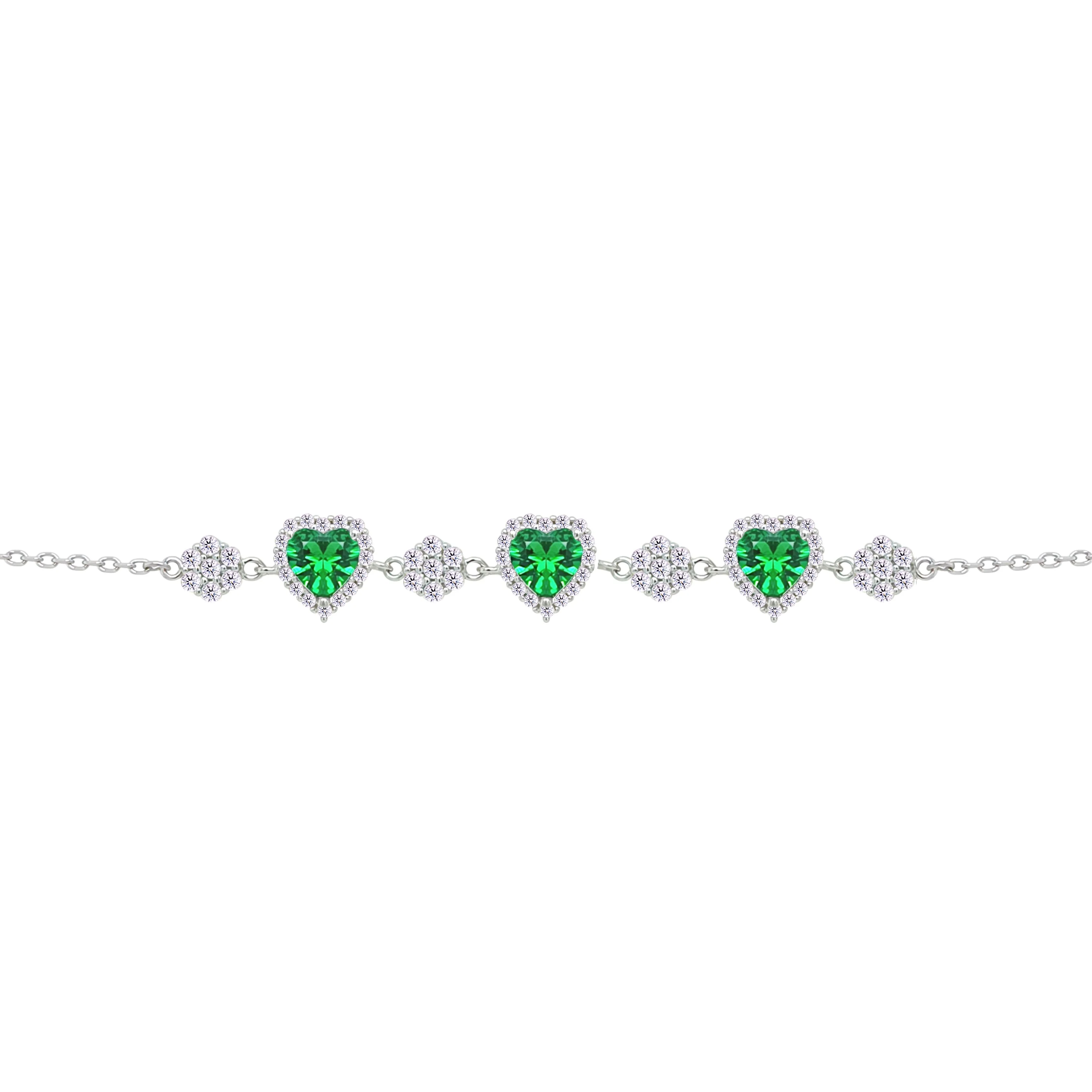 Asfour Crystal Chain Bracelet With Emerald Hearts Design In 925 Sterling Silver-BM0149-G